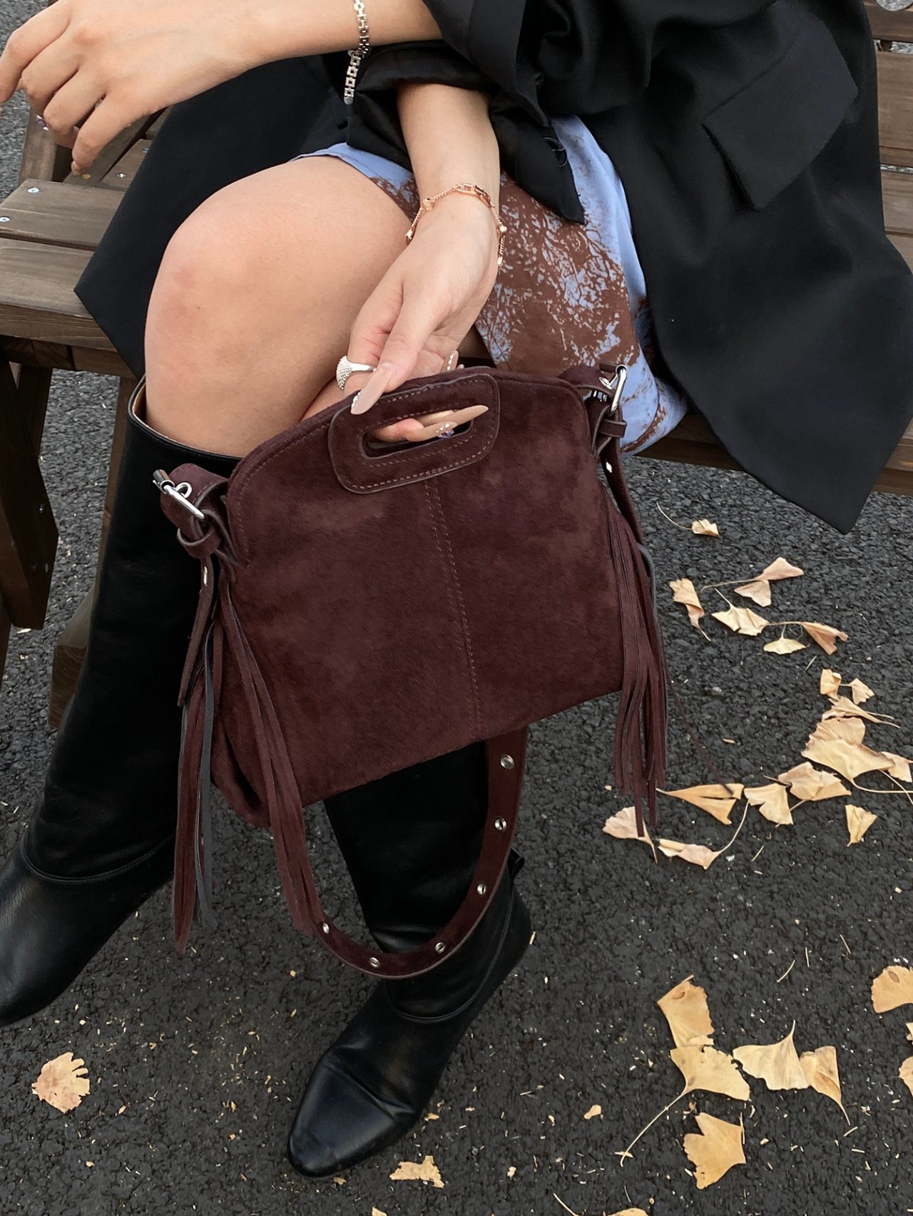 Coffee Brown Suede Fringe Crossbody Bag