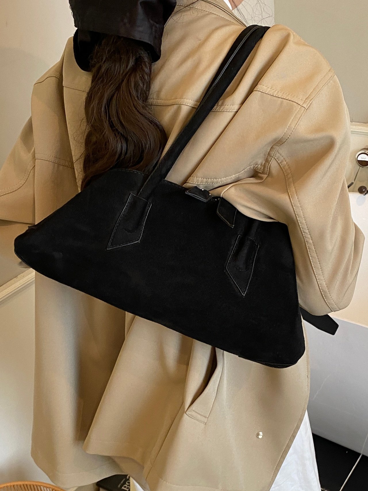 Black Suede Look Shoulder Bag