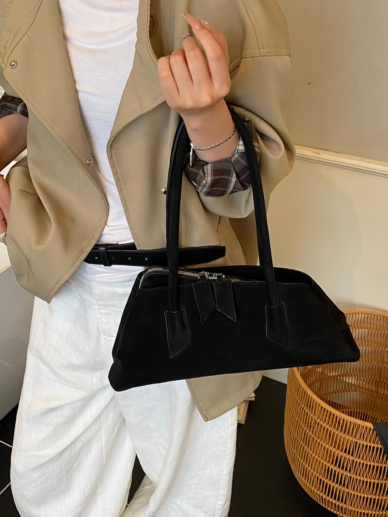 Black Suede Look Shoulder Bag