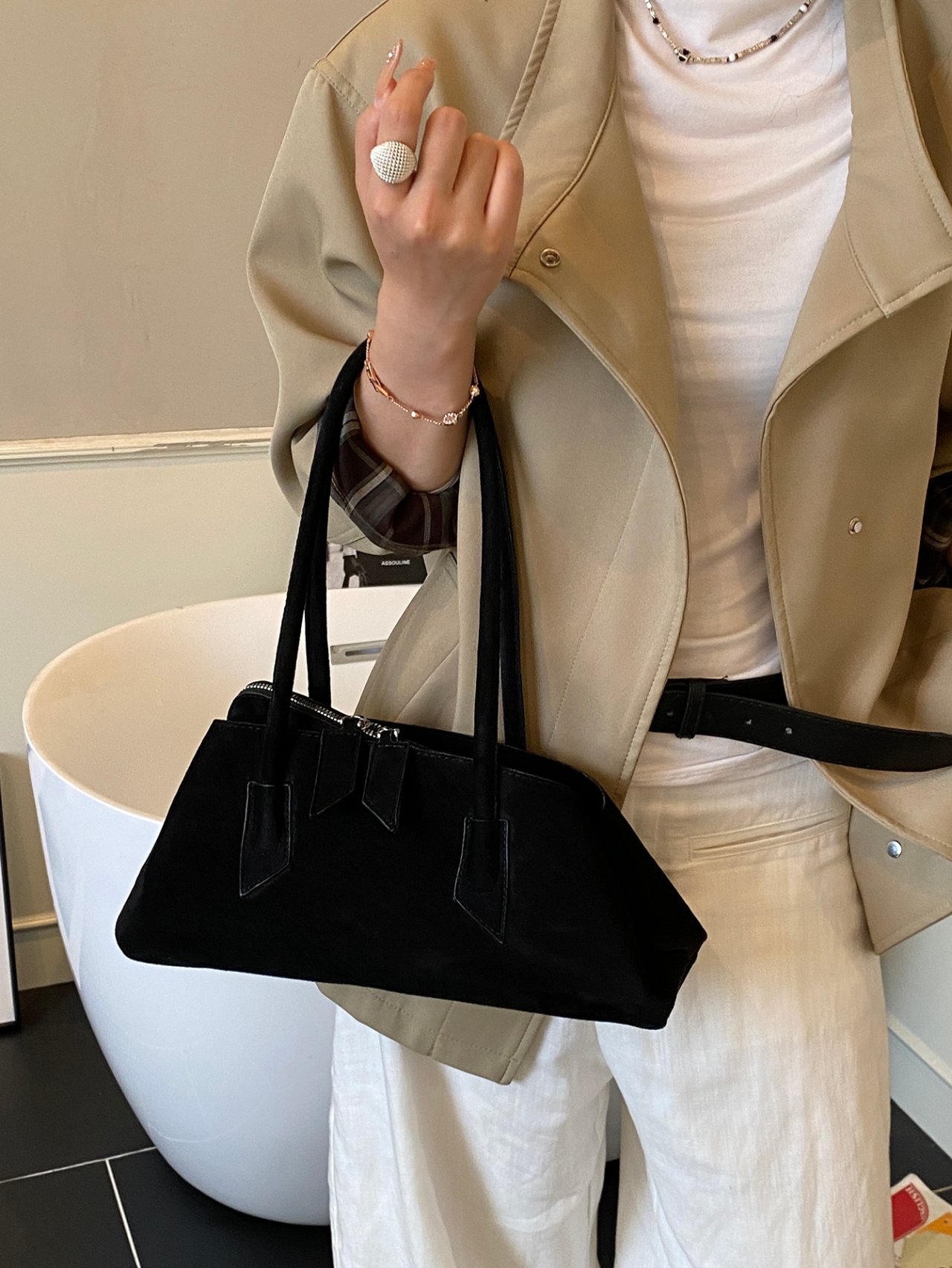Black Suede Look Shoulder Bag