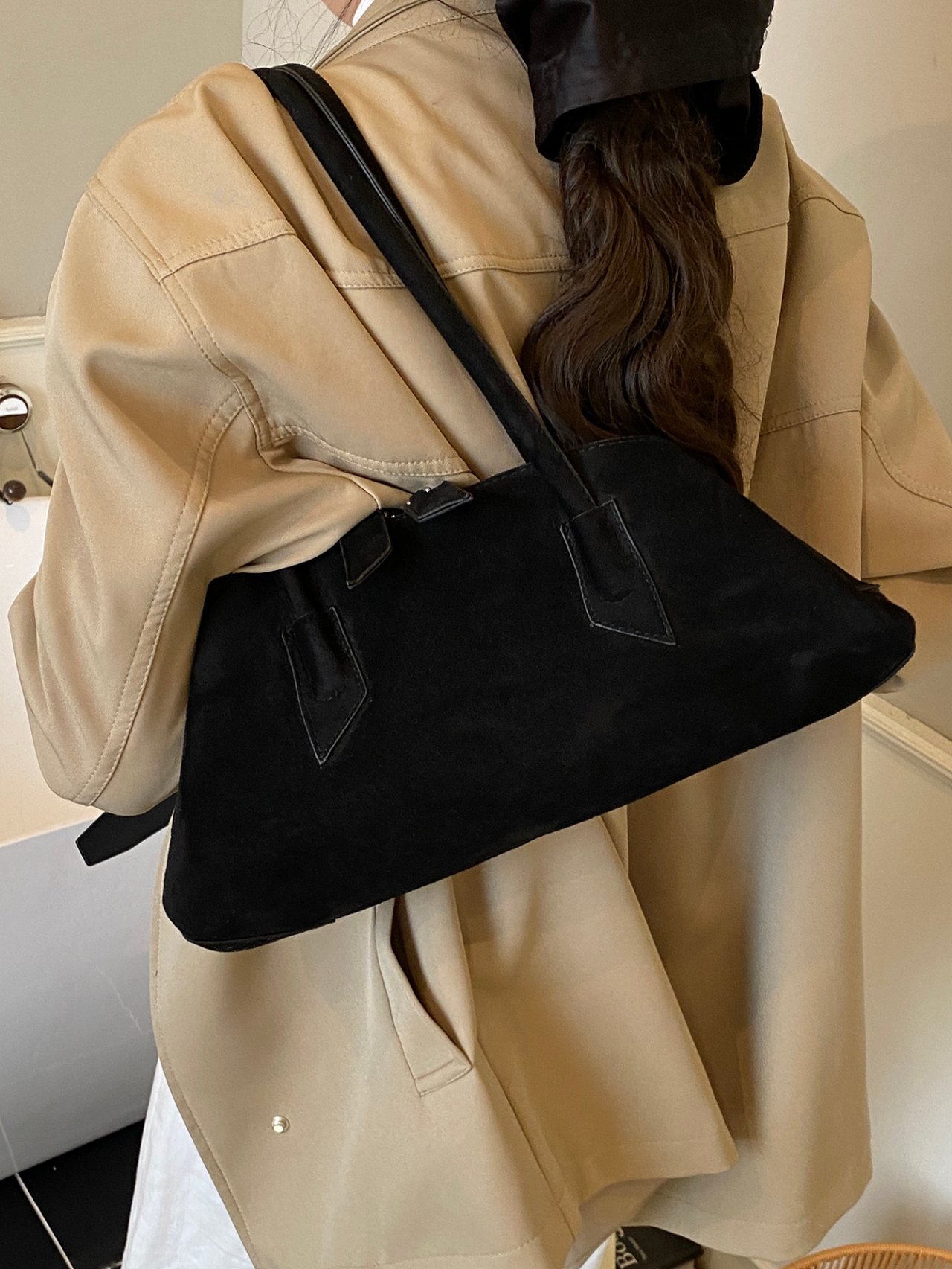 Black Suede Look Shoulder Bag