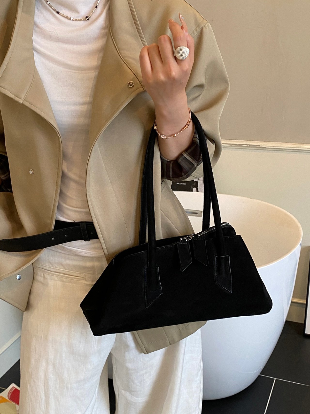 Black Suede Look Shoulder Bag
