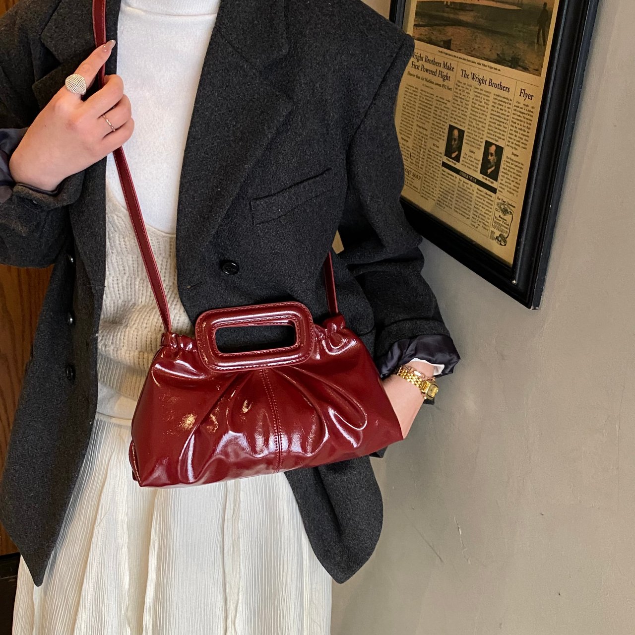 Burgundy Patent Faux Leather Crossbody Bag with Top Handle