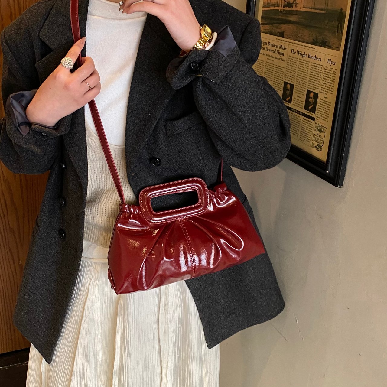 Burgundy Patent Faux Leather Crossbody Bag with Top Handle