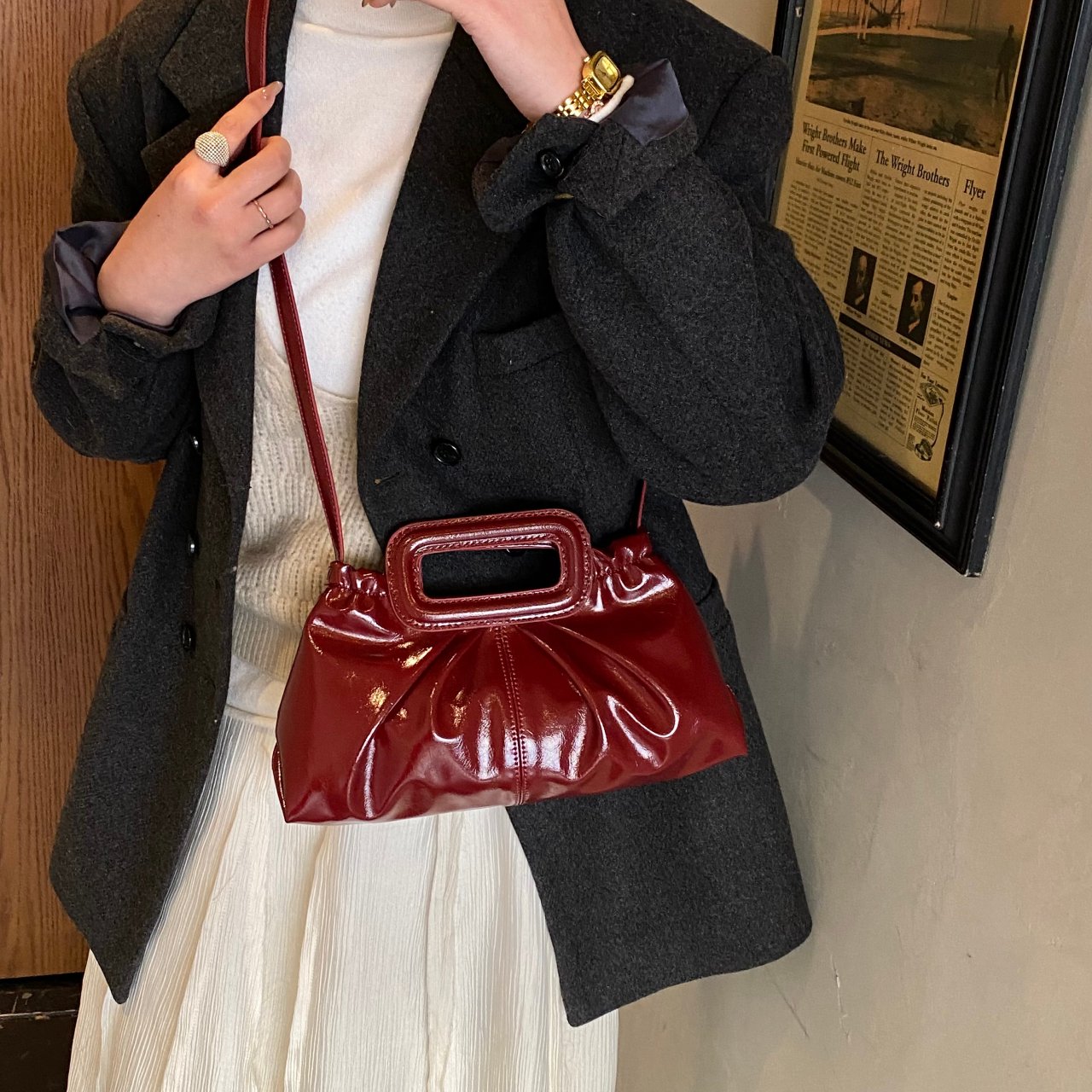 Burgundy Patent Faux Leather Crossbody Bag with Top Handle