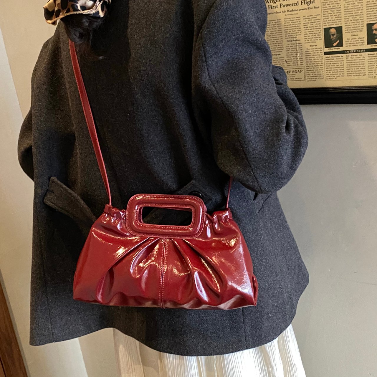 Burgundy Patent Faux Leather Crossbody Bag with Top Handle