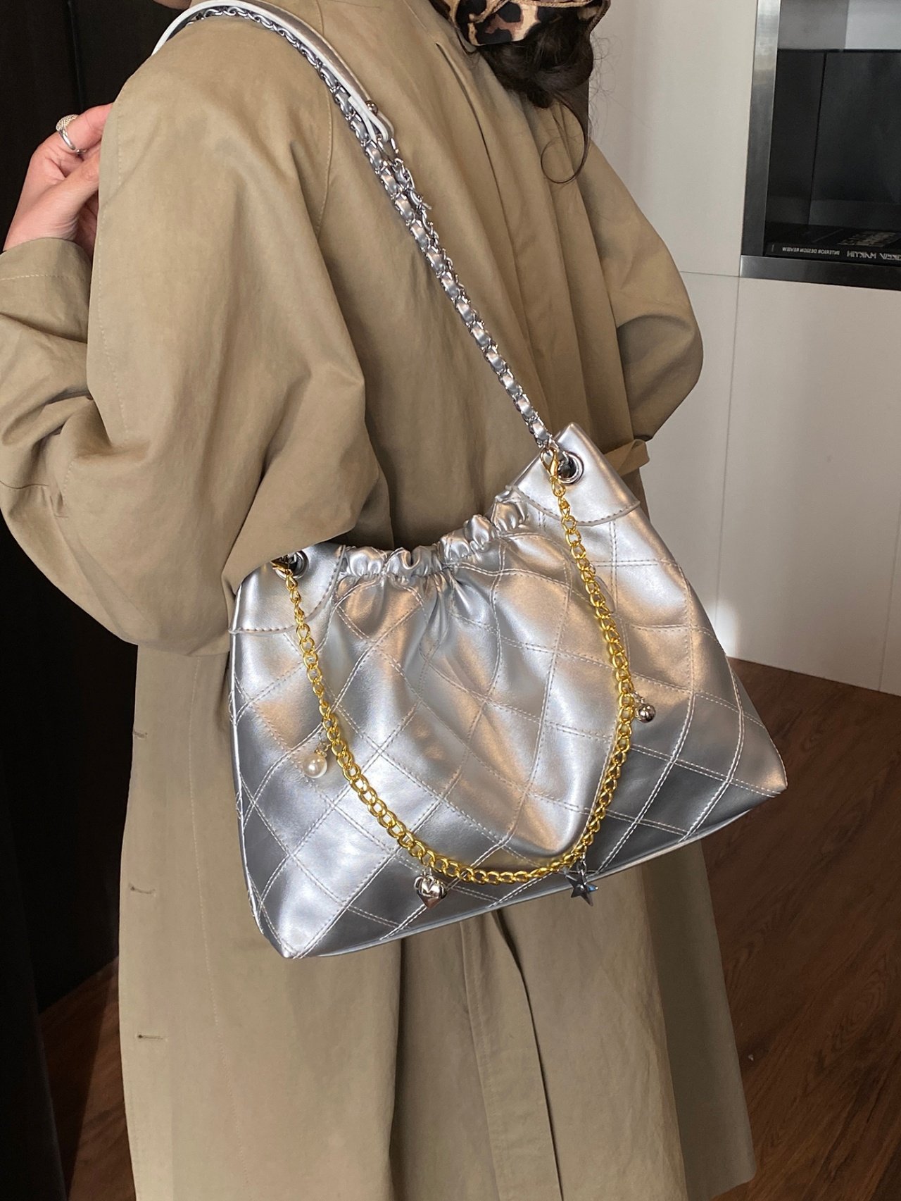 Silver Quilted Shoulder Bag with Chain Detail