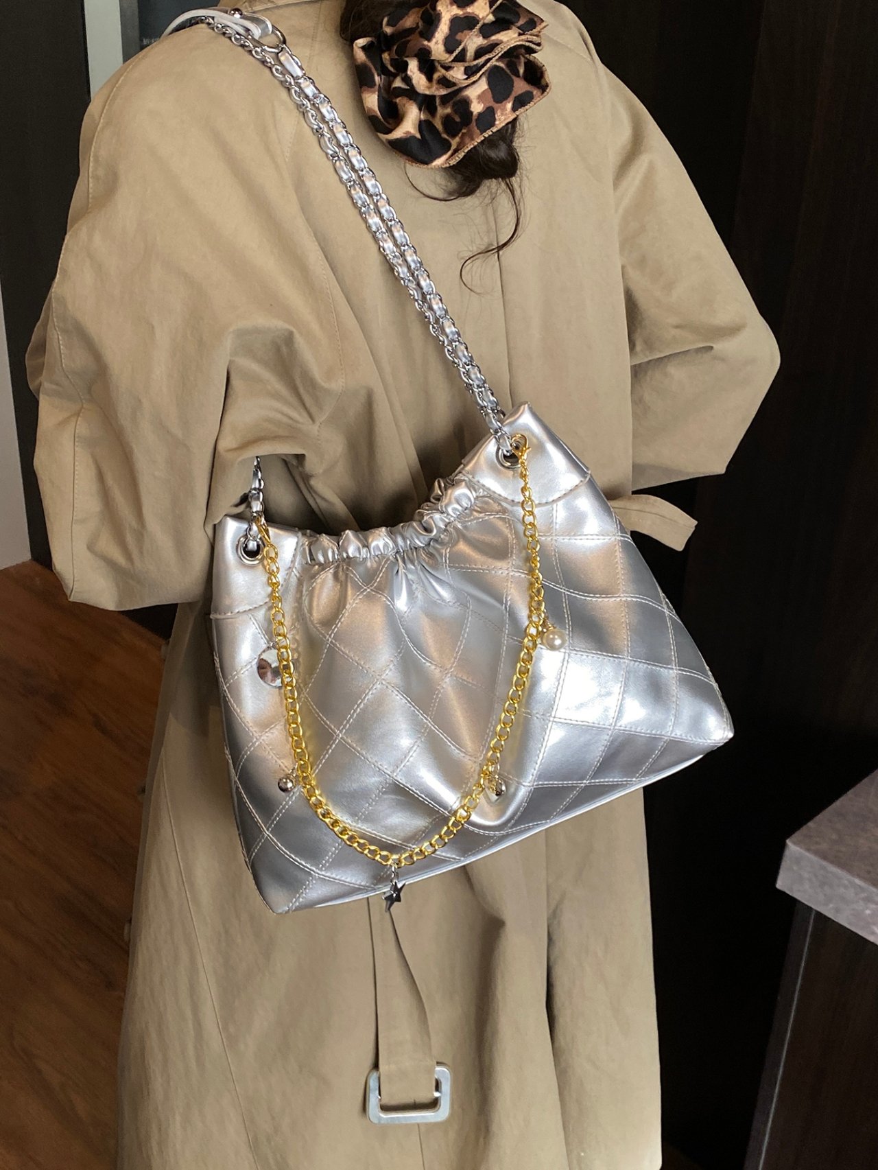 Silver Quilted Shoulder Bag with Chain Detail