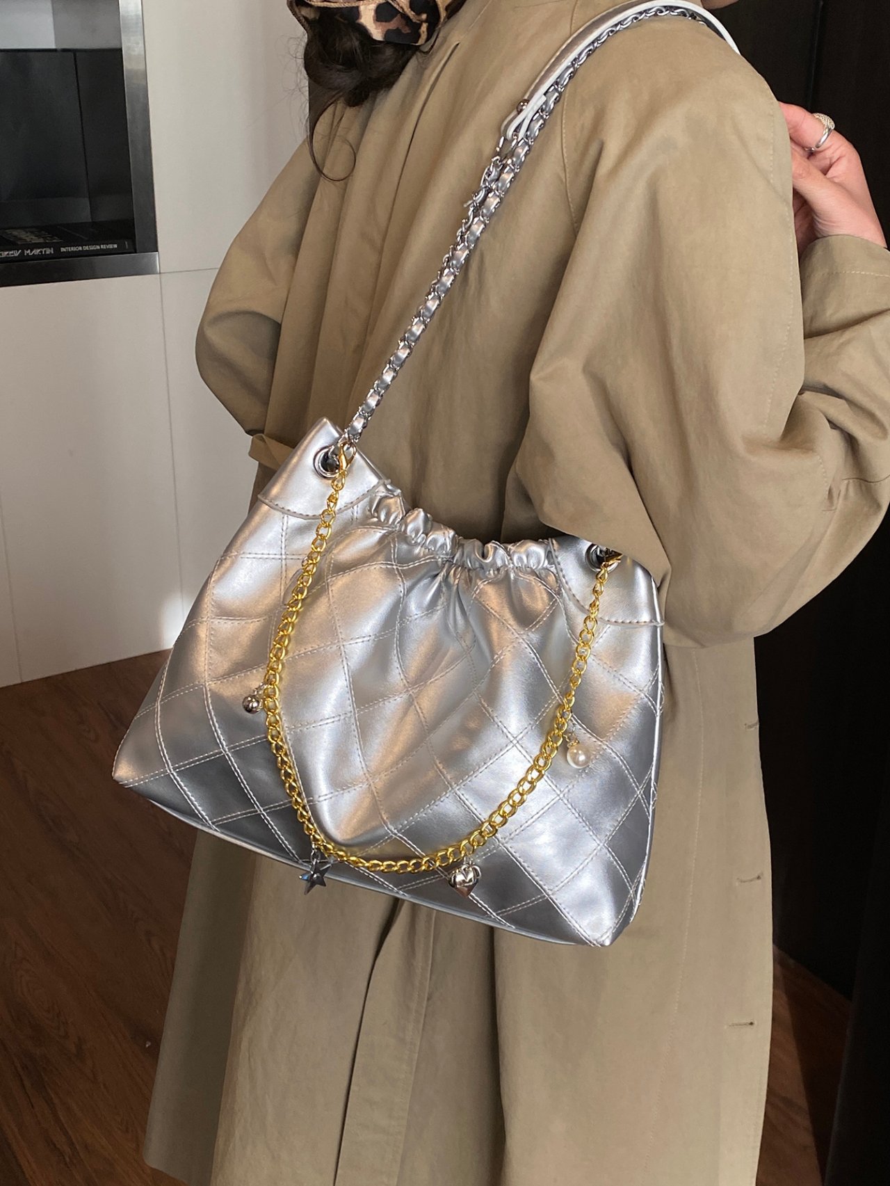 Silver Quilted Shoulder Bag with Chain Detail