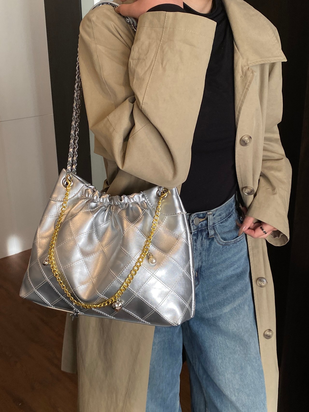 Silver Quilted Shoulder Bag with Chain Detail