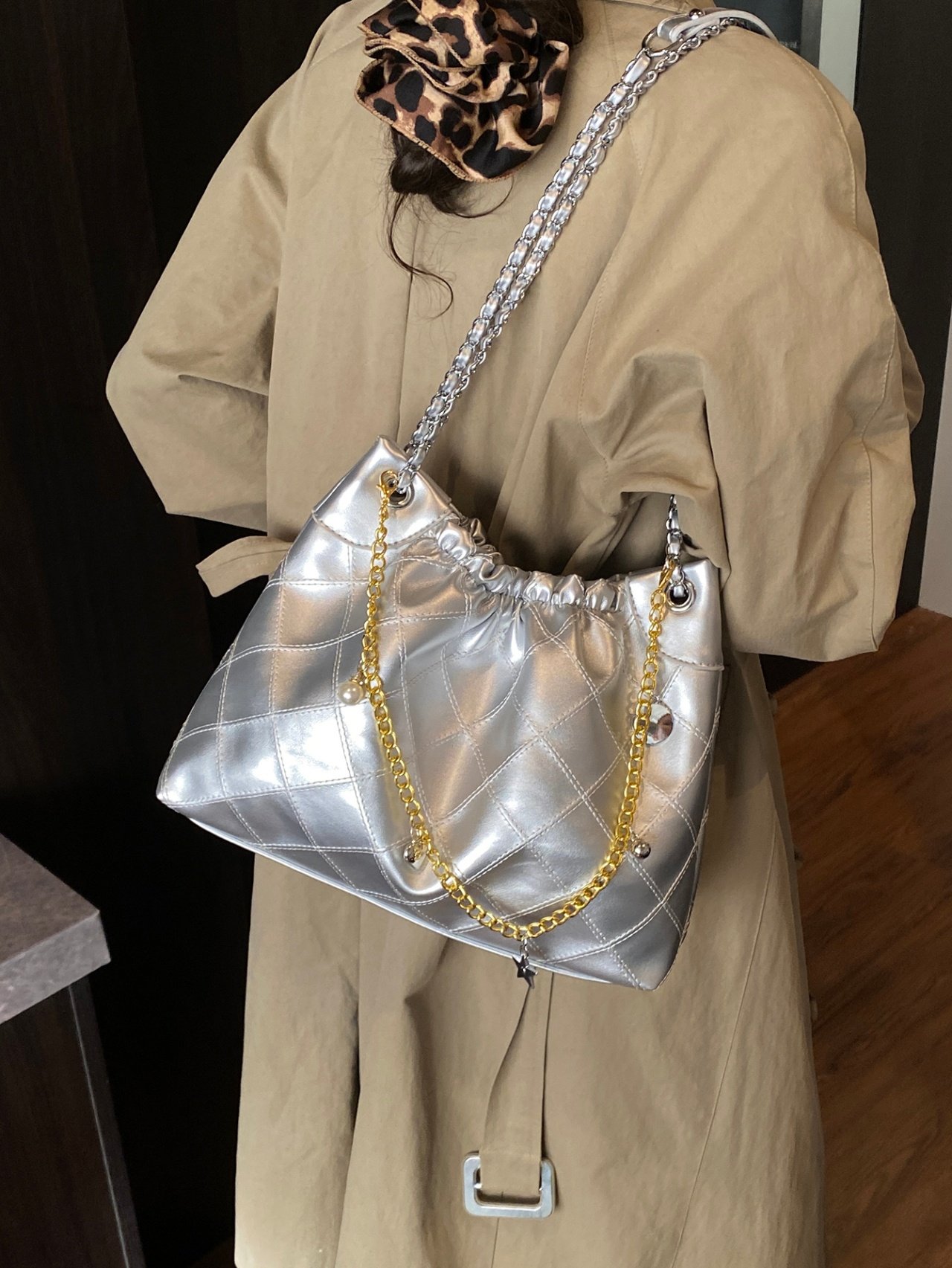 Silver Quilted Shoulder Bag with Chain Detail