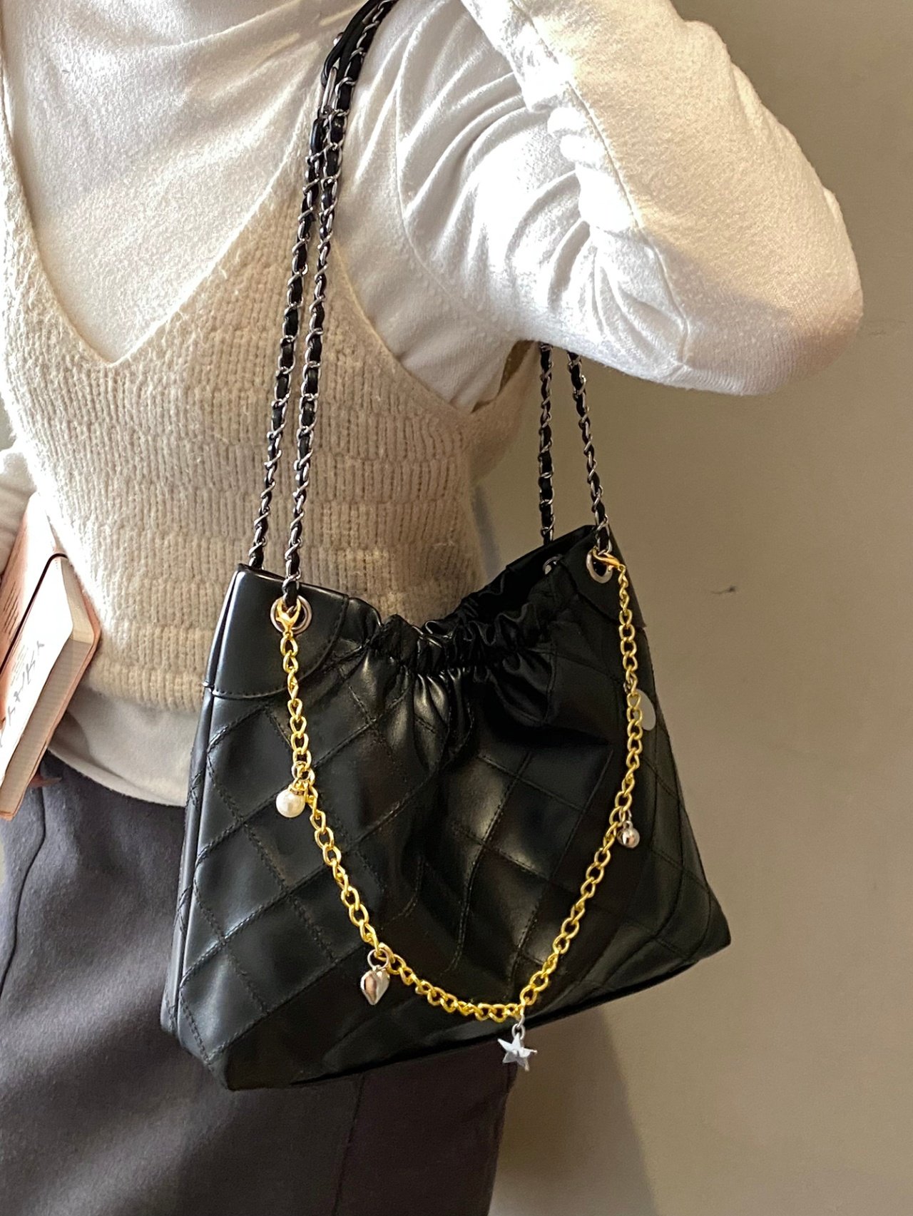 Black Quilted Shoulder Bag with Charm Chain