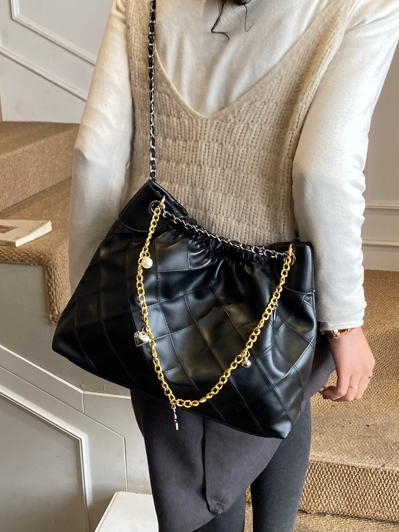 Black Quilted Shoulder Bag with Charm Chain