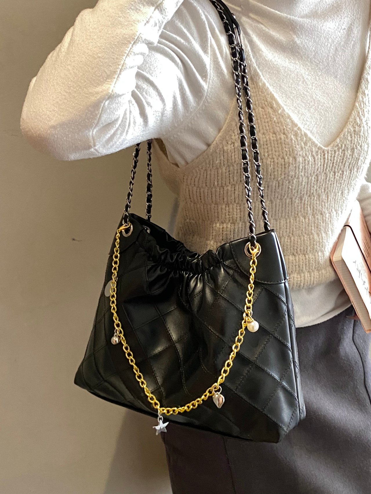 Black Quilted Shoulder Bag with Charm Chain