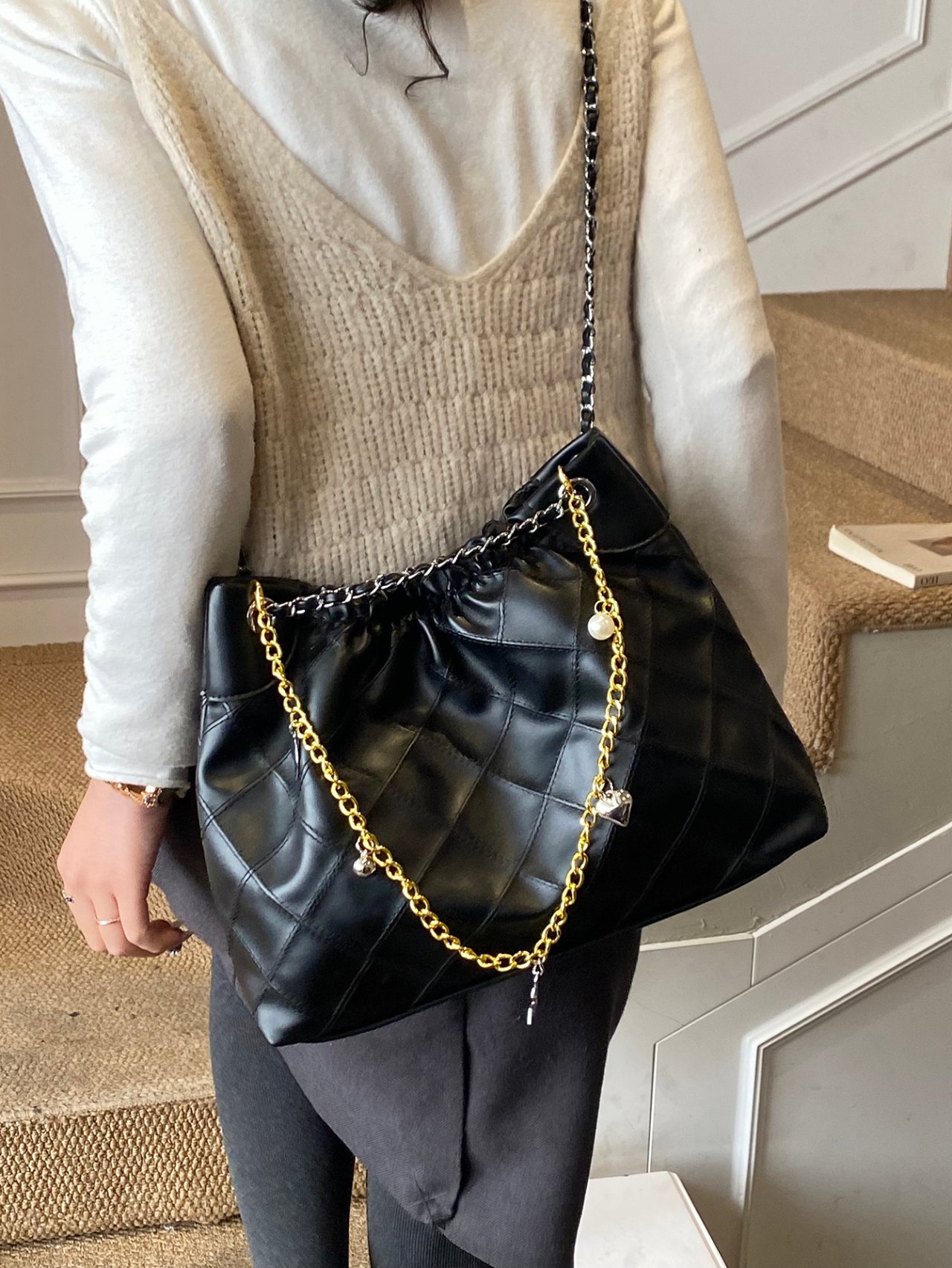 Black Quilted Shoulder Bag with Charm Chain