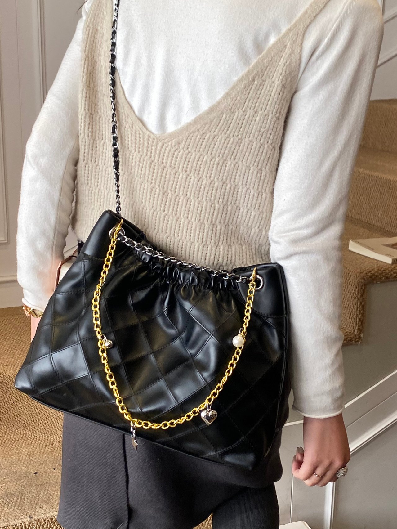 Black Quilted Shoulder Bag with Charm Chain