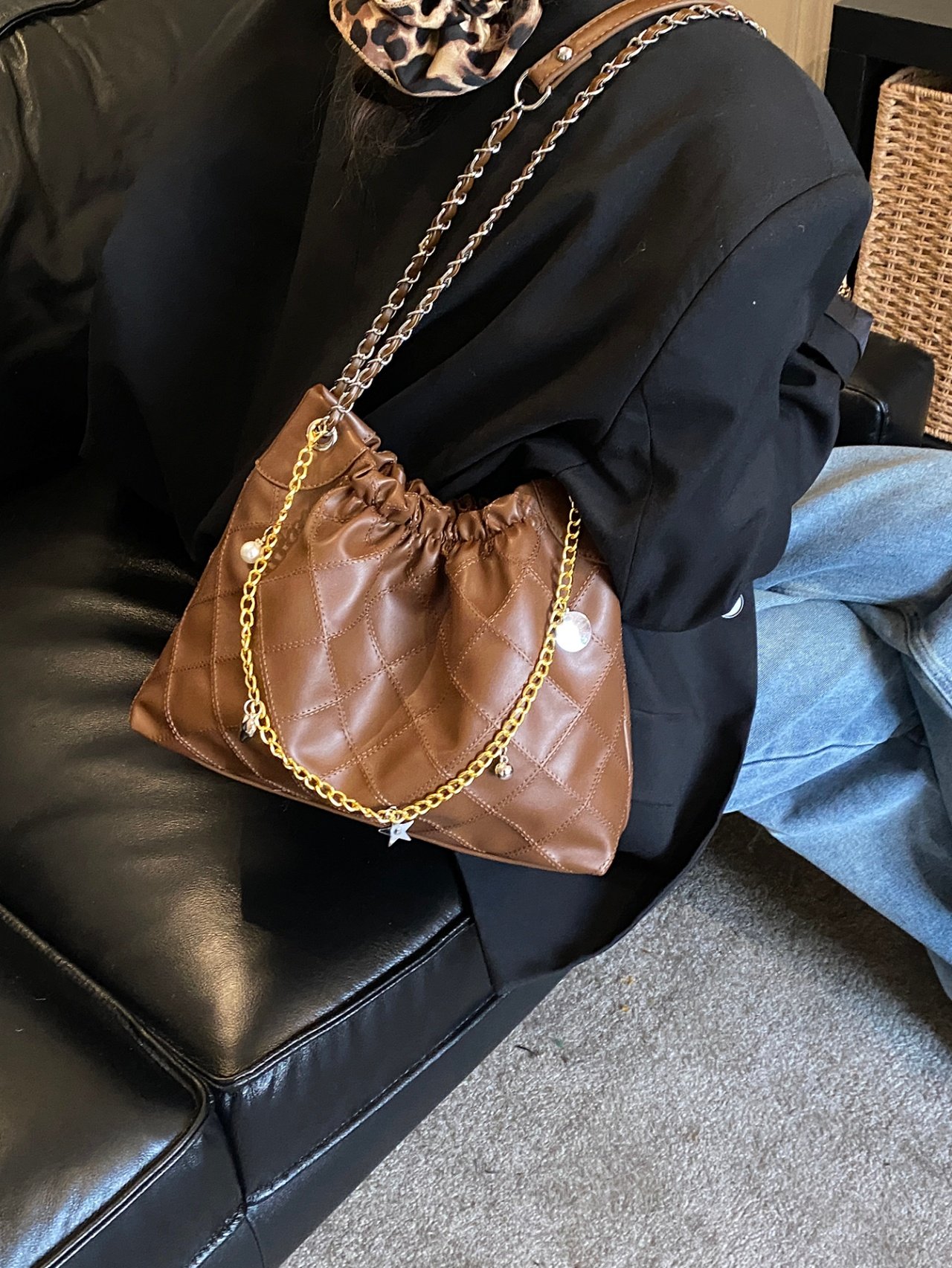 Brown Quilted Shoulder Bag with Chain Strap