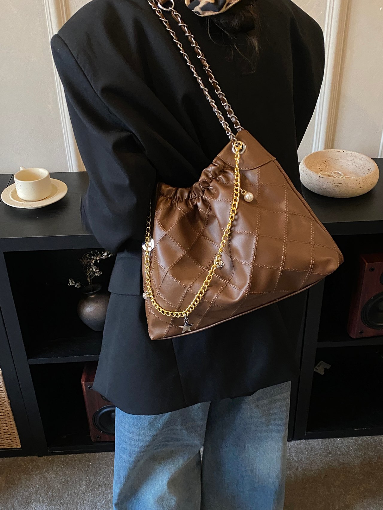 Brown Quilted Shoulder Bag with Chain Strap