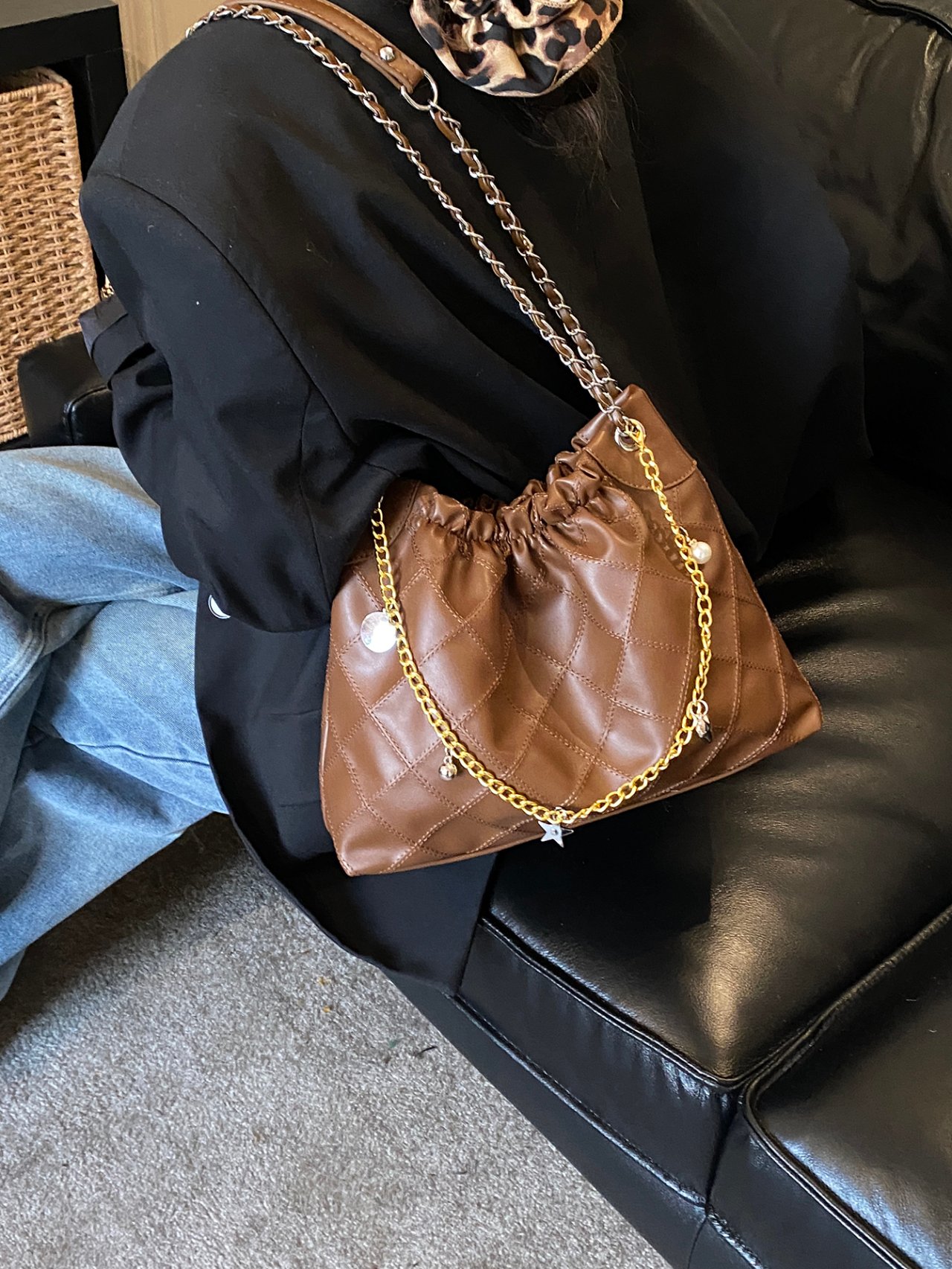Brown Quilted Shoulder Bag with Chain Strap