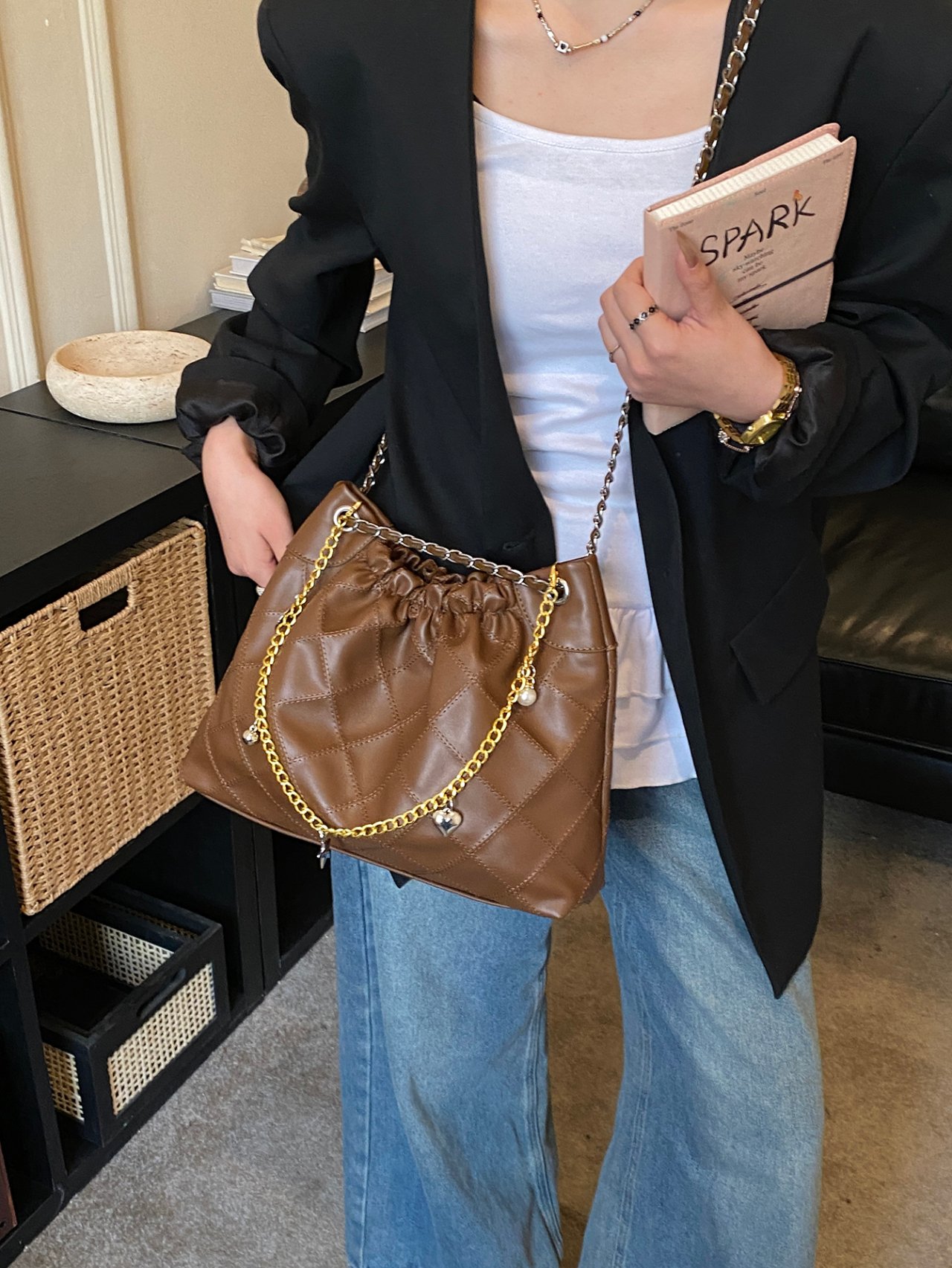 Brown Quilted Shoulder Bag with Chain Strap