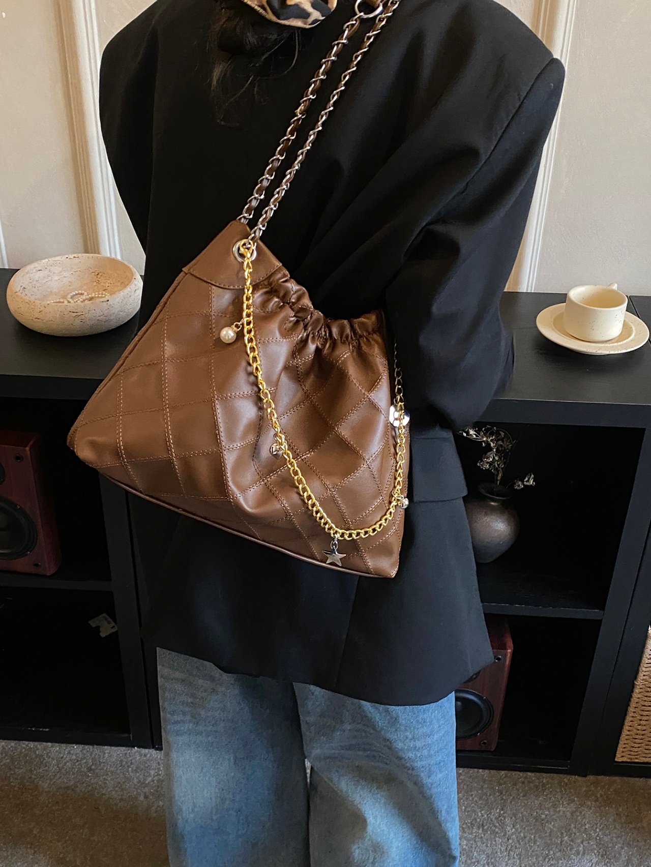 Brown Quilted Shoulder Bag with Chain Strap