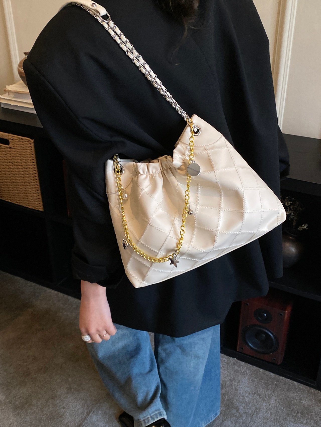 Quilted Beige Shoulder Bag with Chain Detail