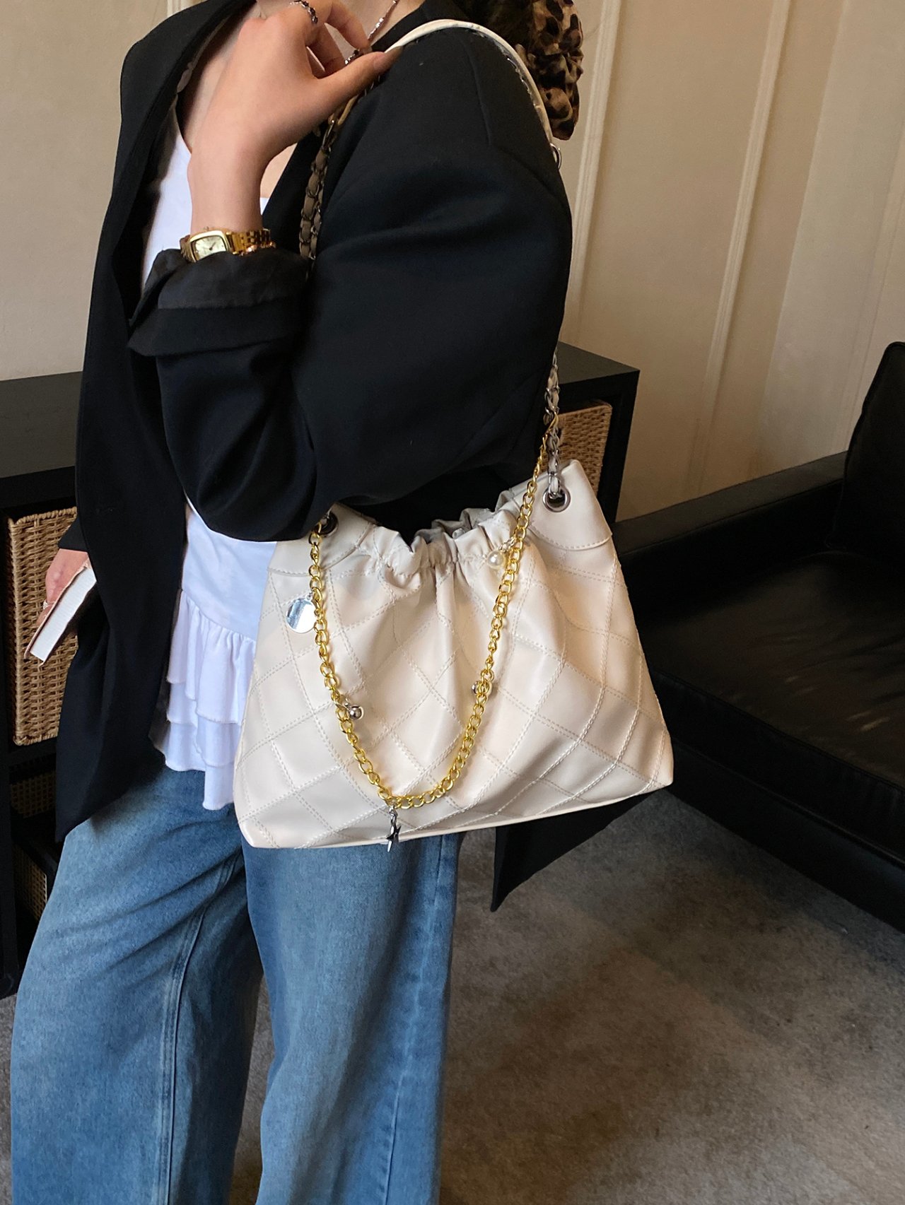 Quilted Beige Shoulder Bag with Chain Detail