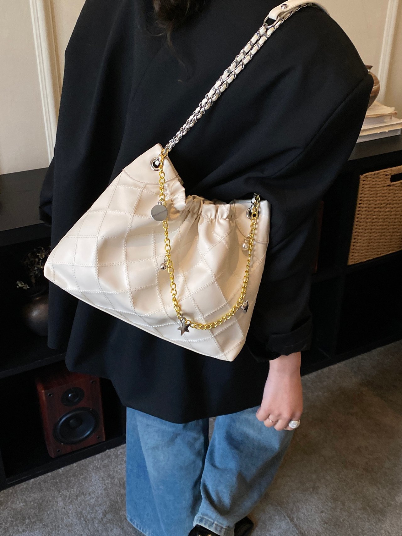 Quilted Beige Shoulder Bag with Chain Detail
