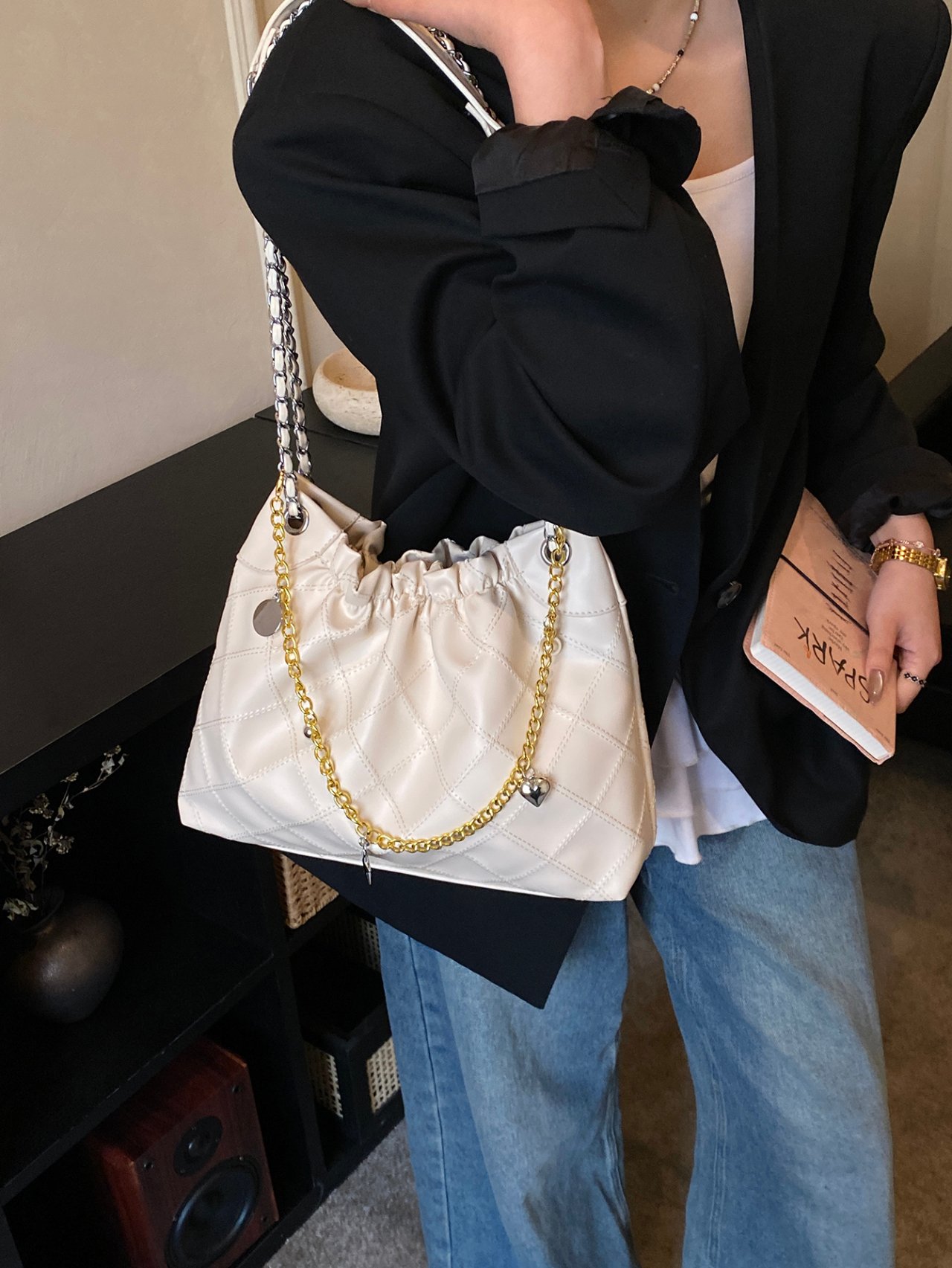 Quilted Beige Shoulder Bag with Chain Detail