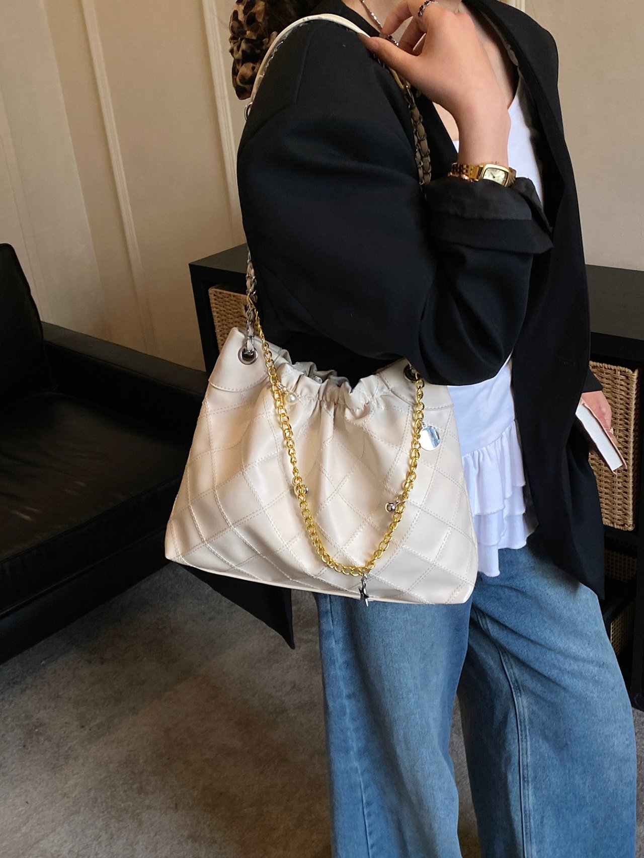 Quilted Beige Shoulder Bag with Chain Detail