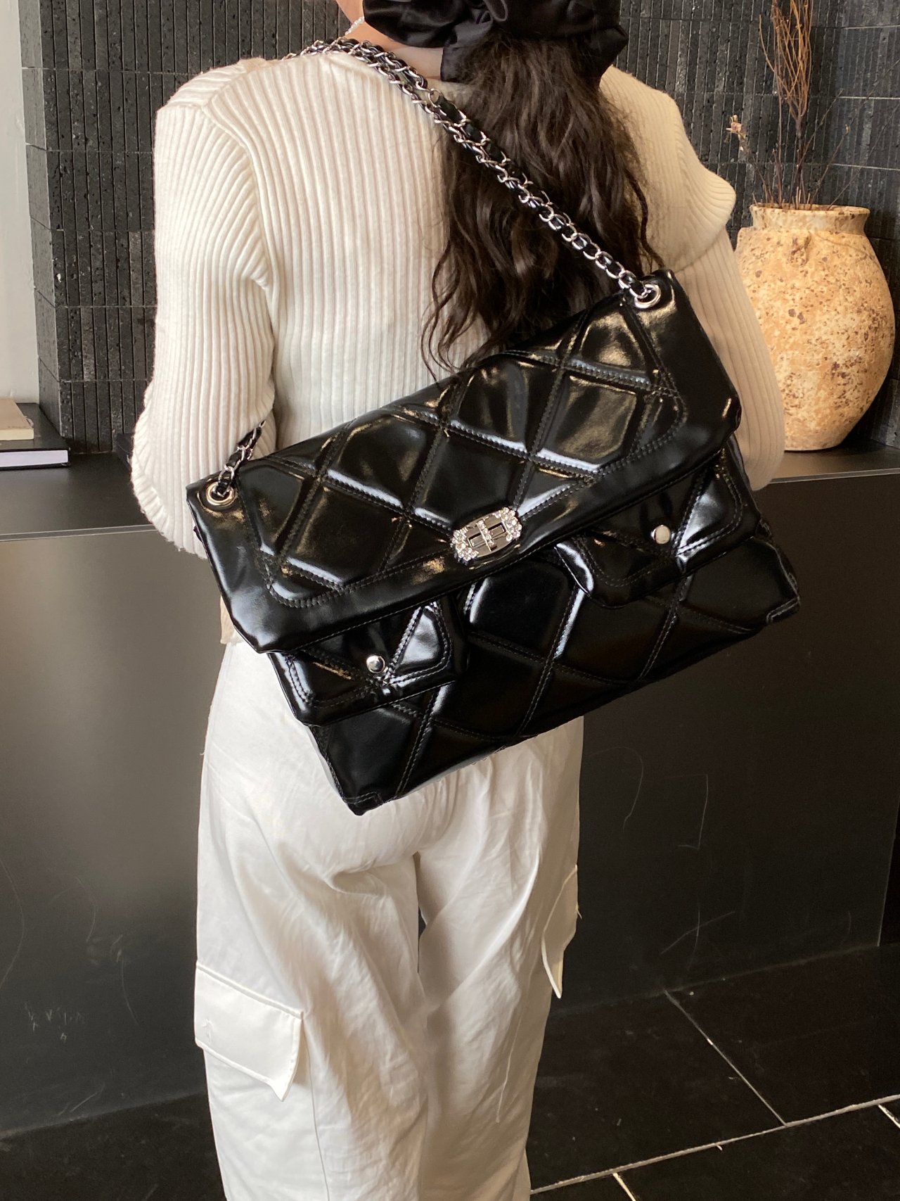 Black Quilted Shoulder Bag with Chain Strap