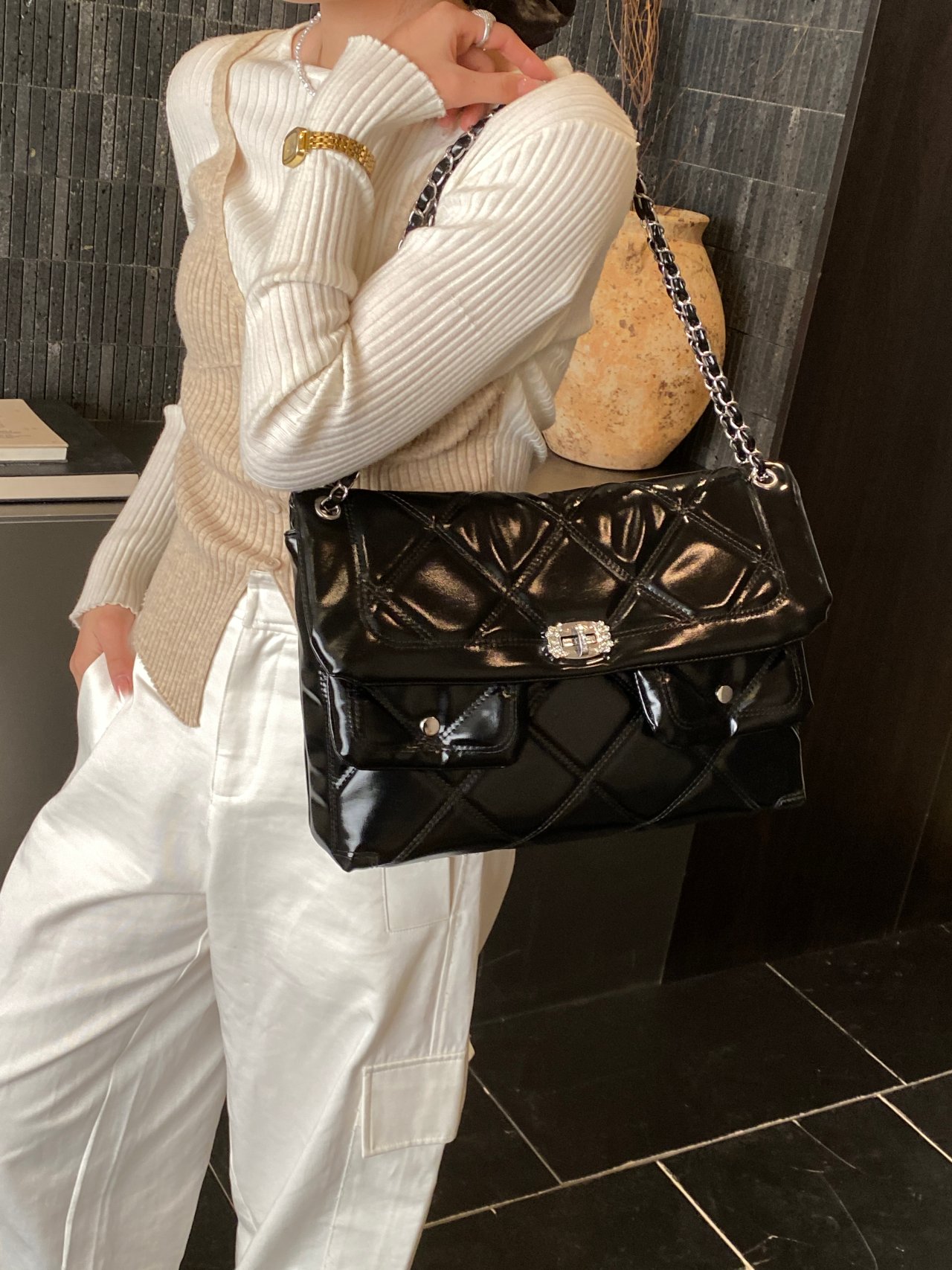 Black Quilted Shoulder Bag with Chain Strap