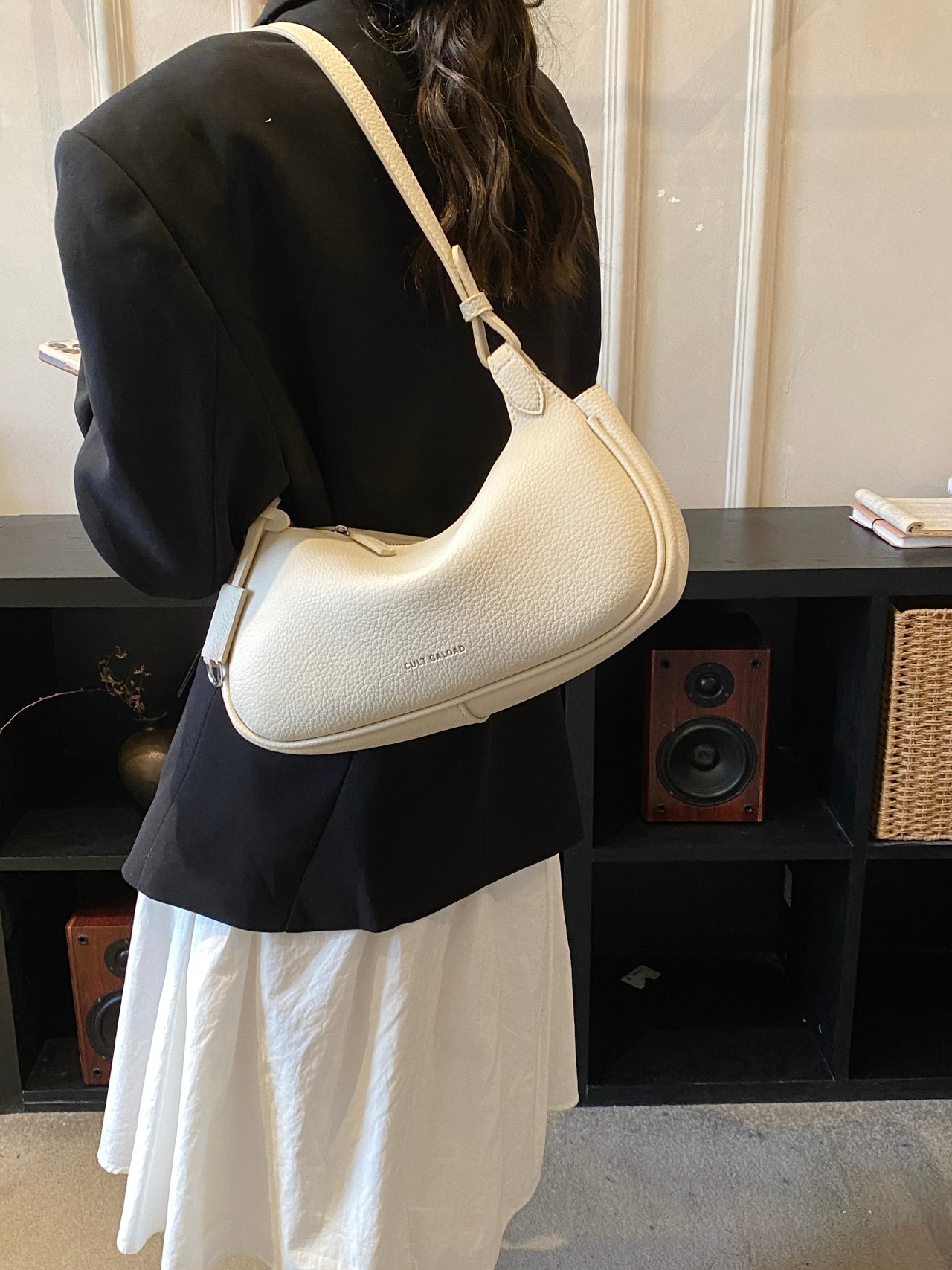 Beige Pebbled Leather Shoulder Bag