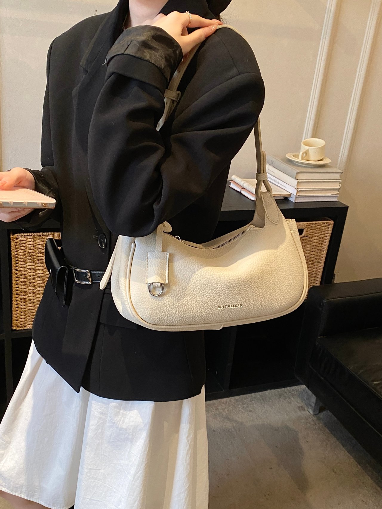Beige Pebbled Leather Shoulder Bag