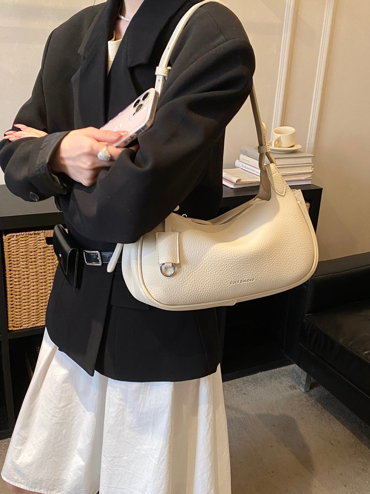 Beige Pebbled Leather Shoulder Bag