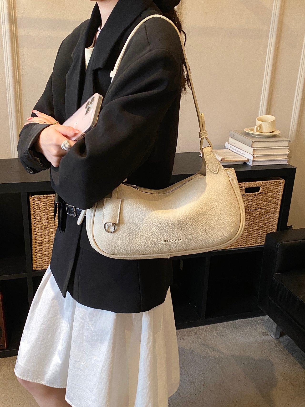 Beige Pebbled Leather Shoulder Bag