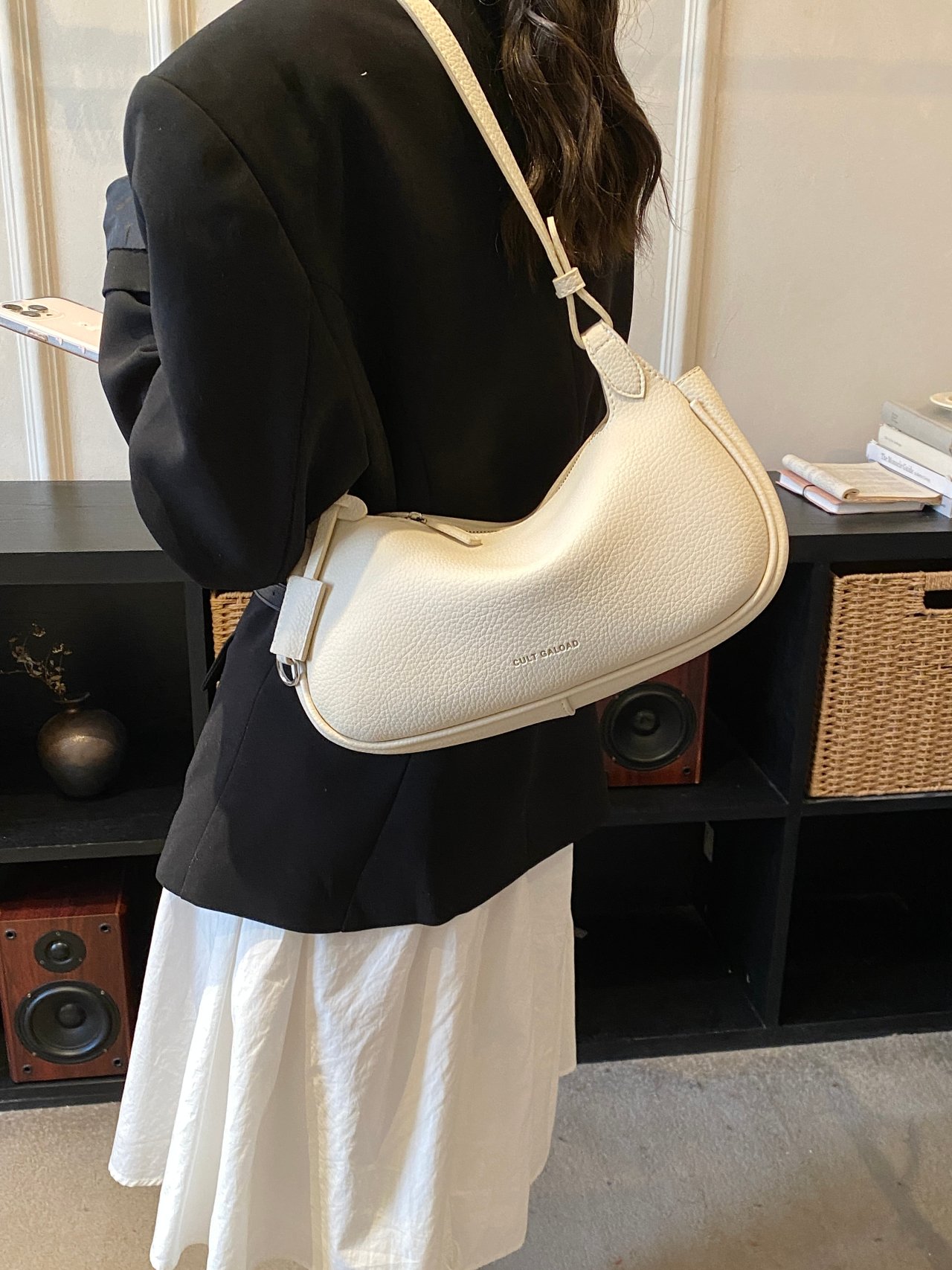 Beige Pebbled Leather Shoulder Bag