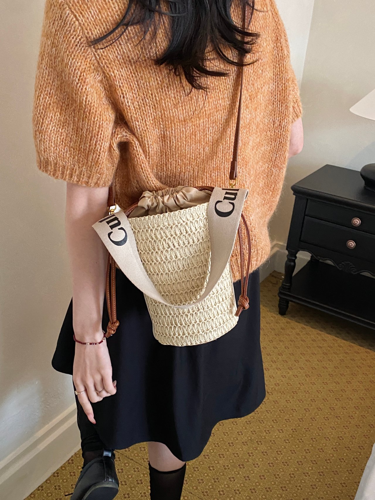 Beige Woven Handbag with Shoulder Strap