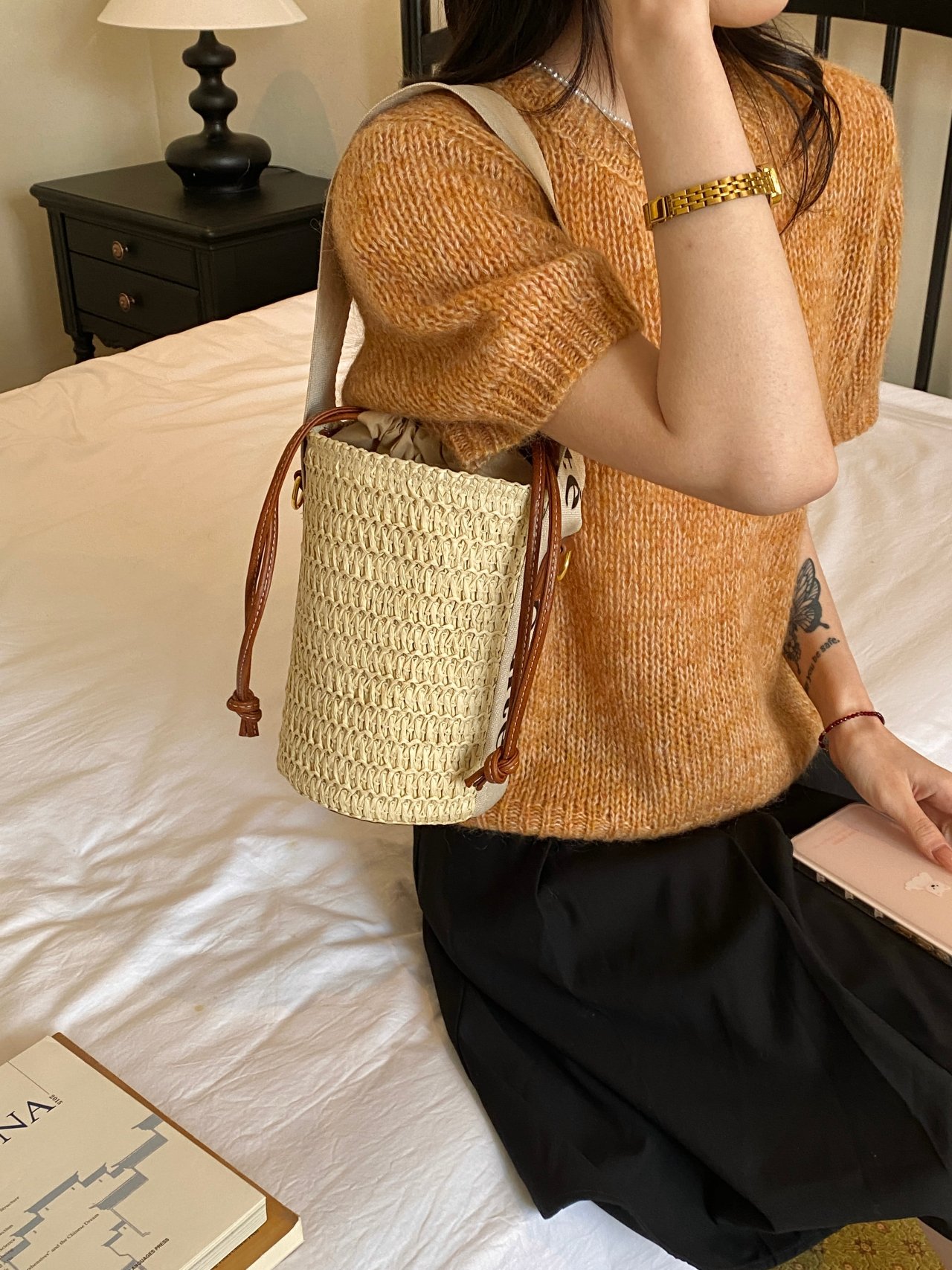 Beige Woven Handbag with Shoulder Strap