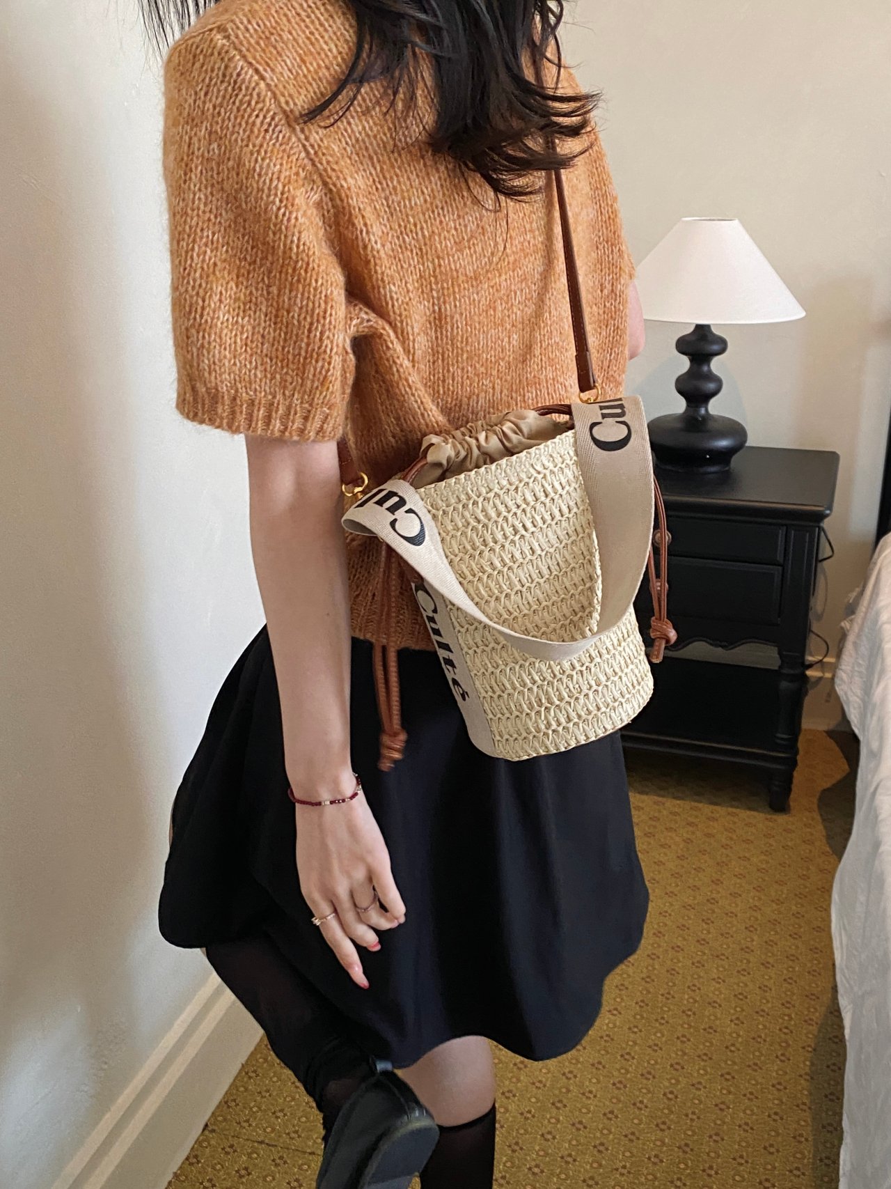 Beige Woven Handbag with Shoulder Strap