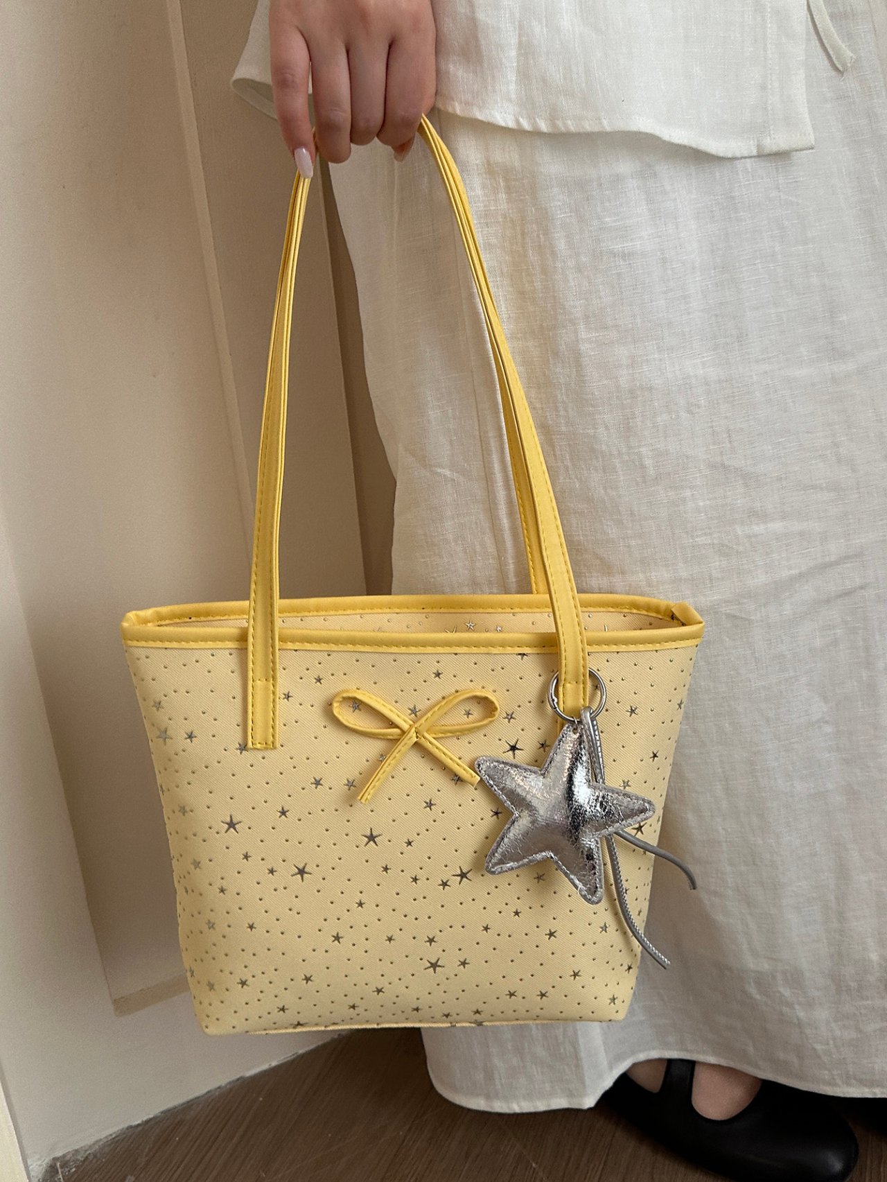 Yellow Star Pattern Tote Bag with Charm