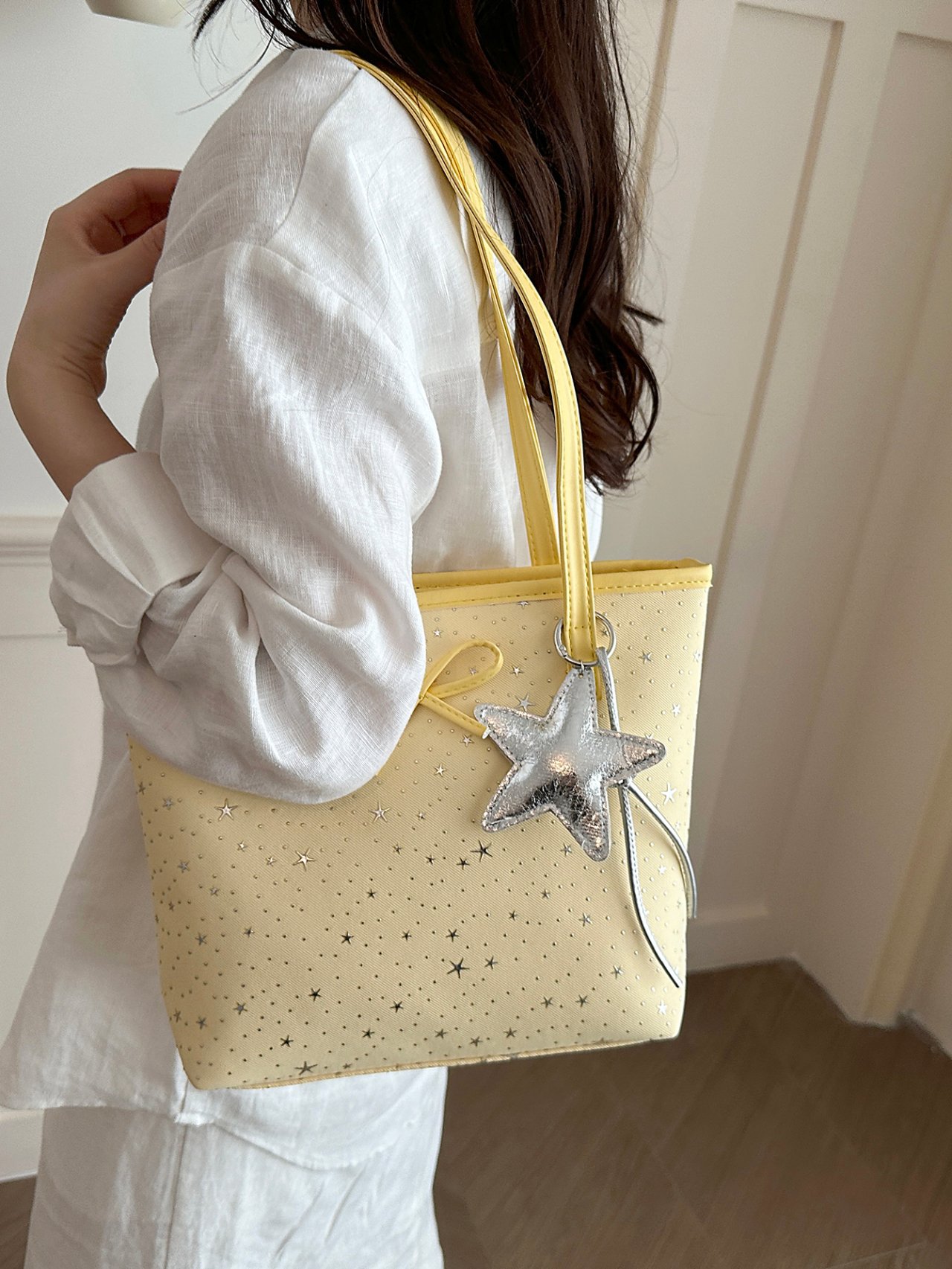 Yellow Star Pattern Tote Bag with Charm