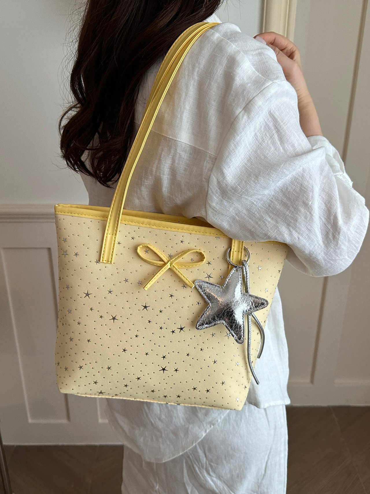 Yellow Star Pattern Tote Bag with Charm