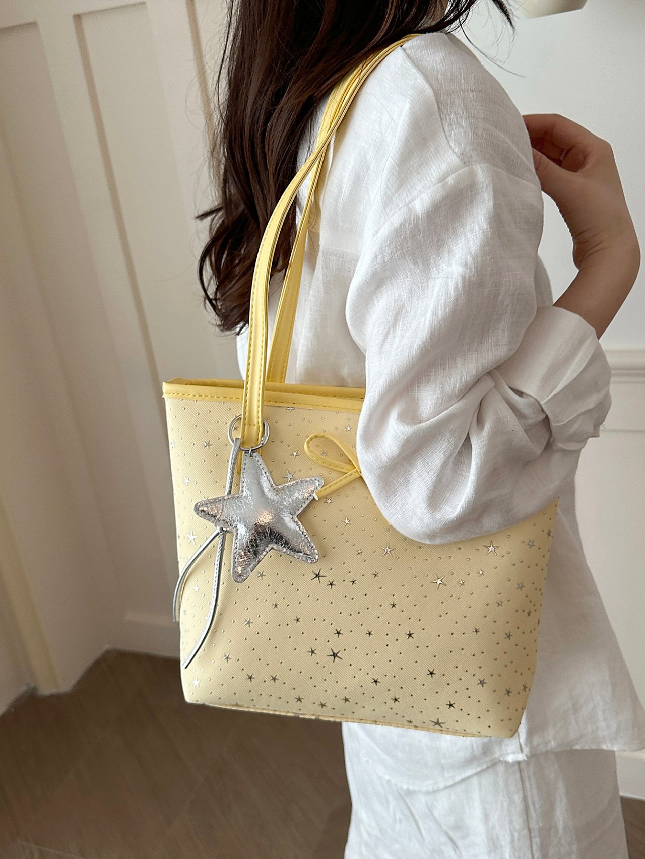 Yellow Star Pattern Tote Bag with Charm