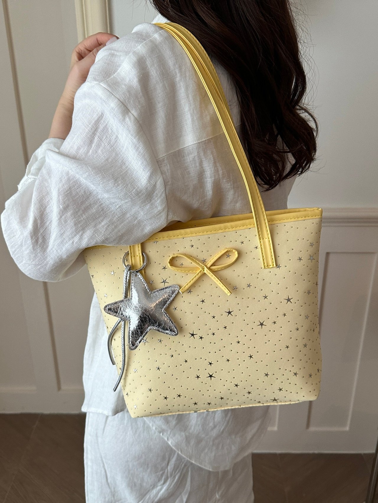 Yellow Star Pattern Tote Bag with Charm