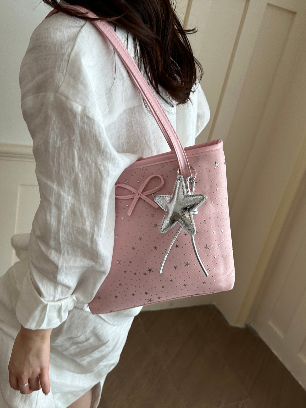 Pink Star-Patterned Tote Bag with Charm