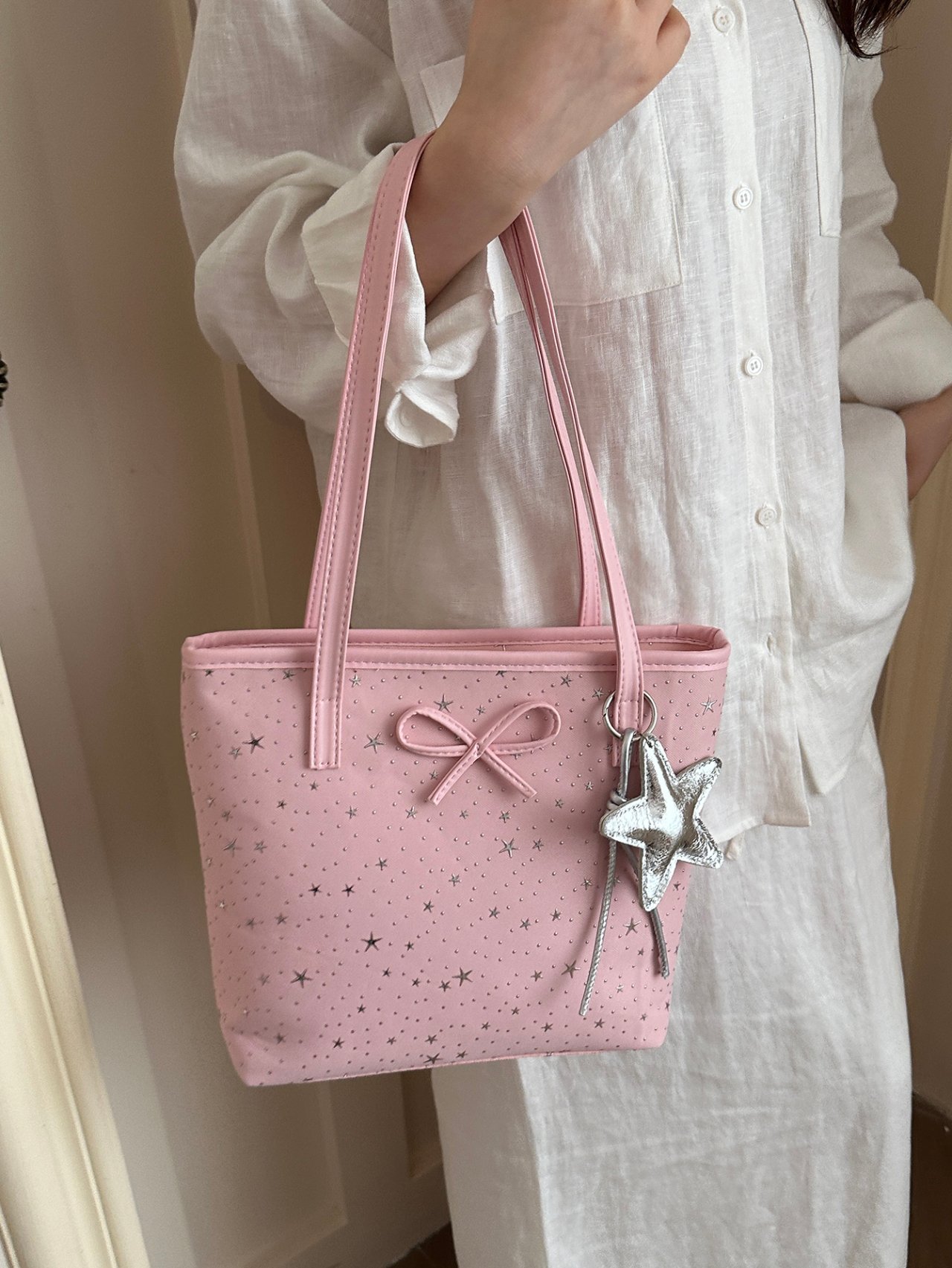 Pink Star-Patterned Tote Bag with Charm