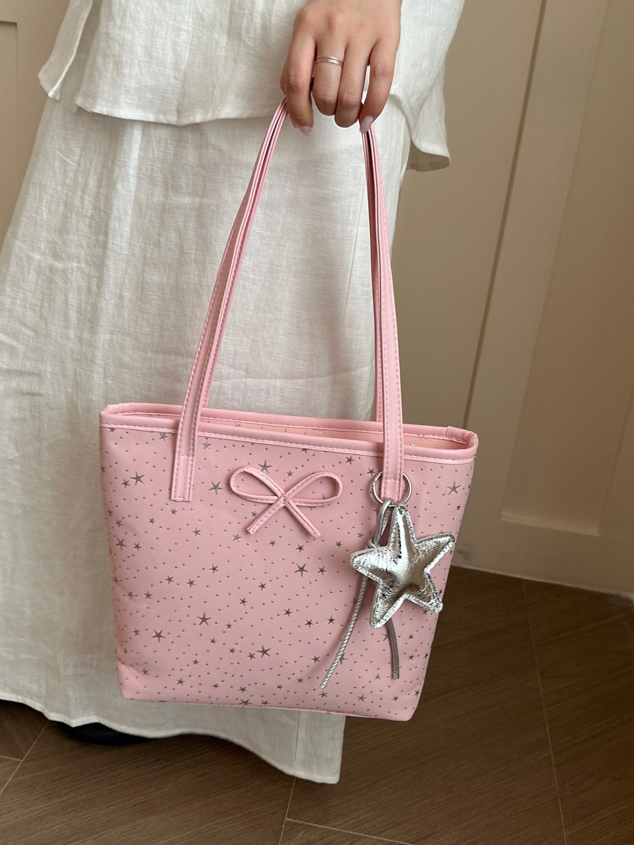 Pink Star-Patterned Tote Bag with Charm