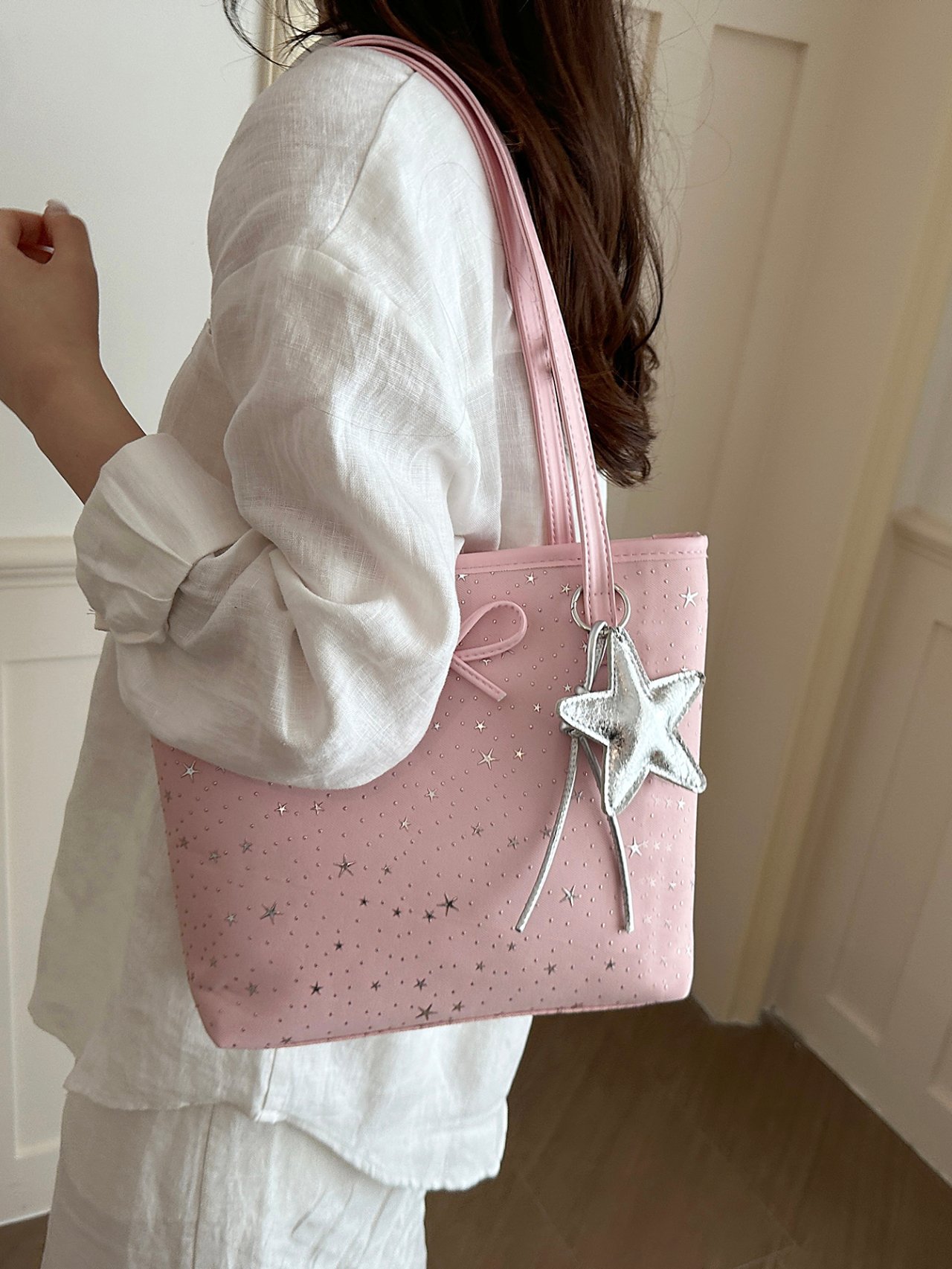 Pink Star-Patterned Tote Bag with Charm