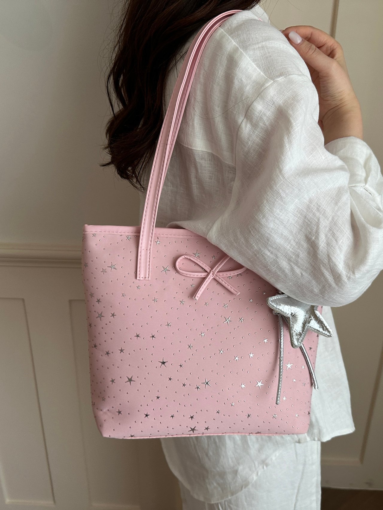 Pink Star-Patterned Tote Bag with Charm